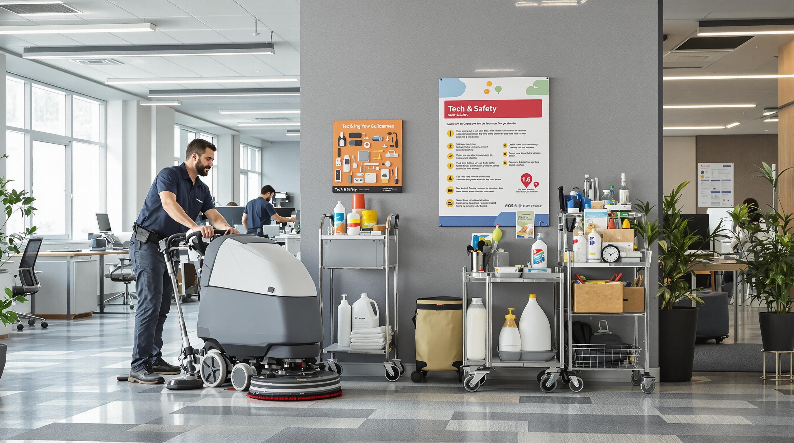 Office environment with cleaners, equipment, and safety protocol poster