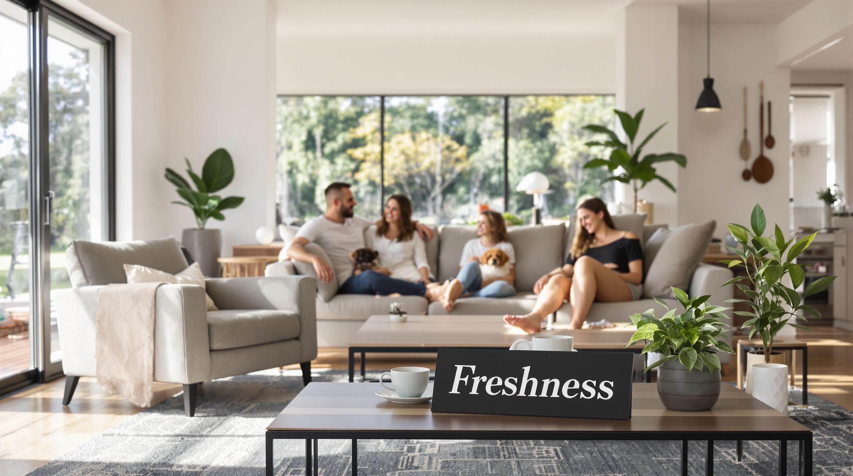 Family in modern living room enjoying clean upholstery sunlight Yarra Valley