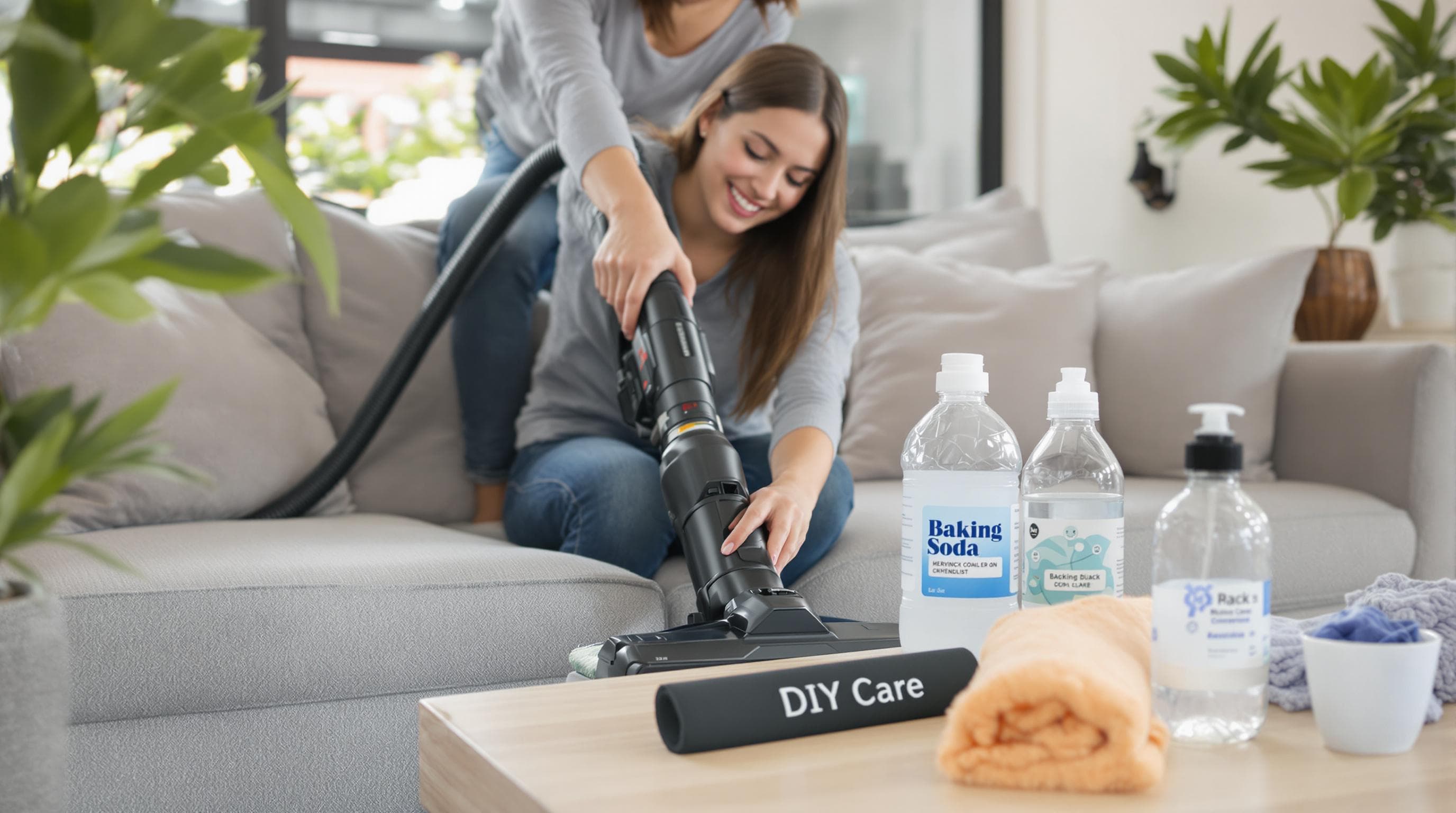 Person vacuuming fabric sofa with cleaning supplies DIY technique