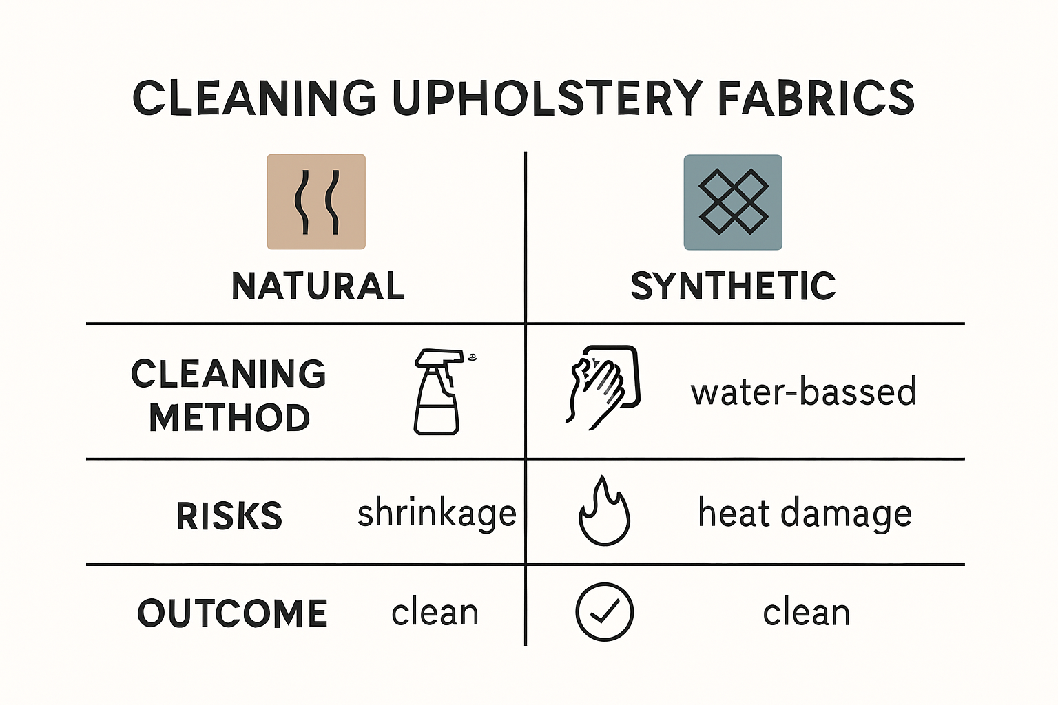 Infographic comparing cleaning methods for natural vs synthetic upholstery fabrics