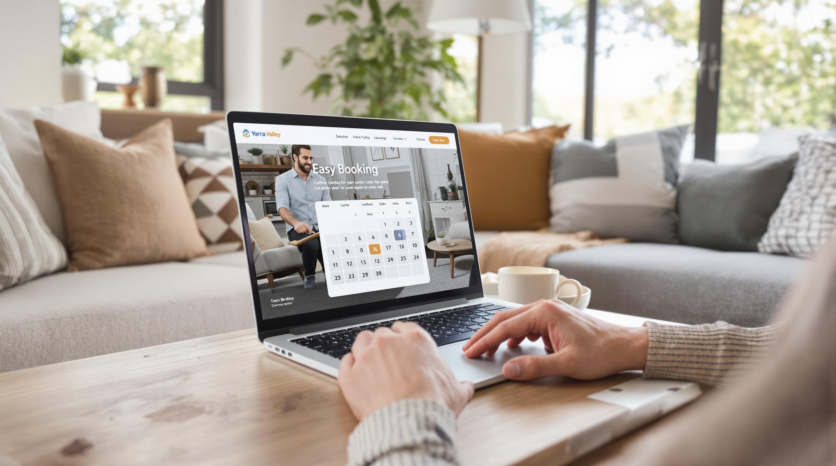 Person uses laptop to book Yarra Valley carpet cleaning online