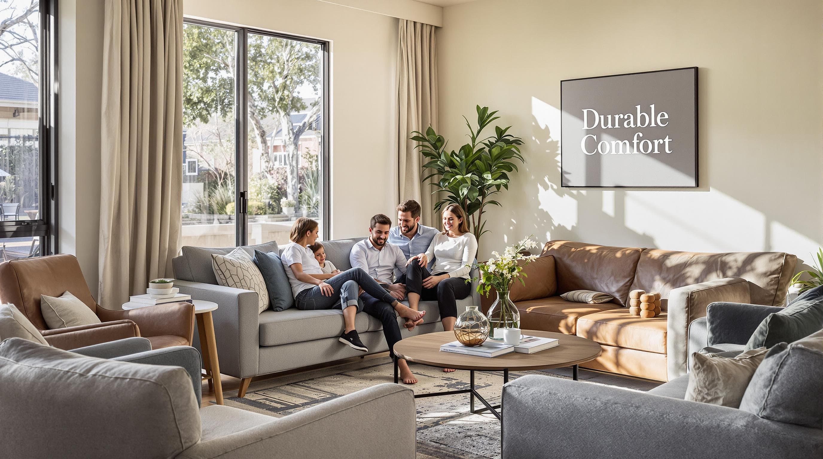 Living room with family and durable upholstery, 'Durable Comfort' sign on wall
