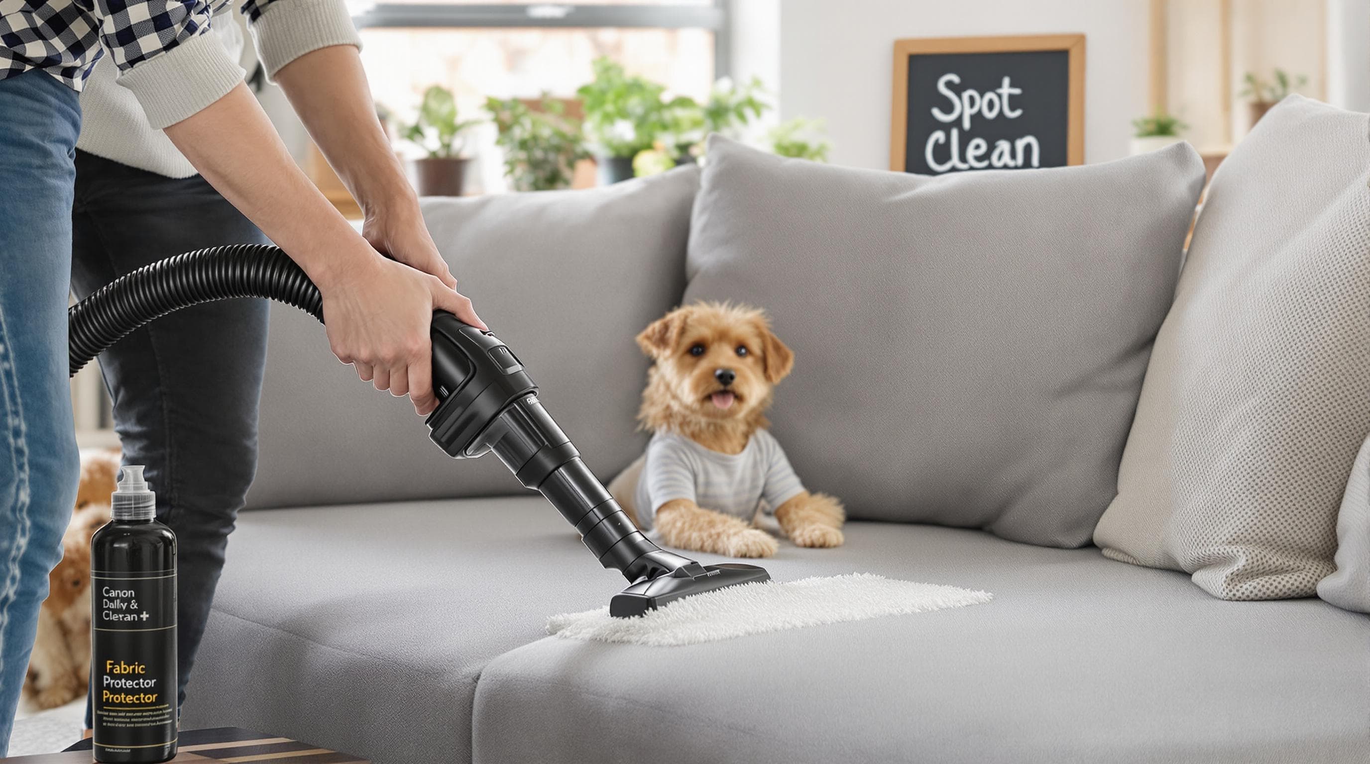 Person vacuuming sofa while child and dog play, 'Spot Clean' chalkboard
