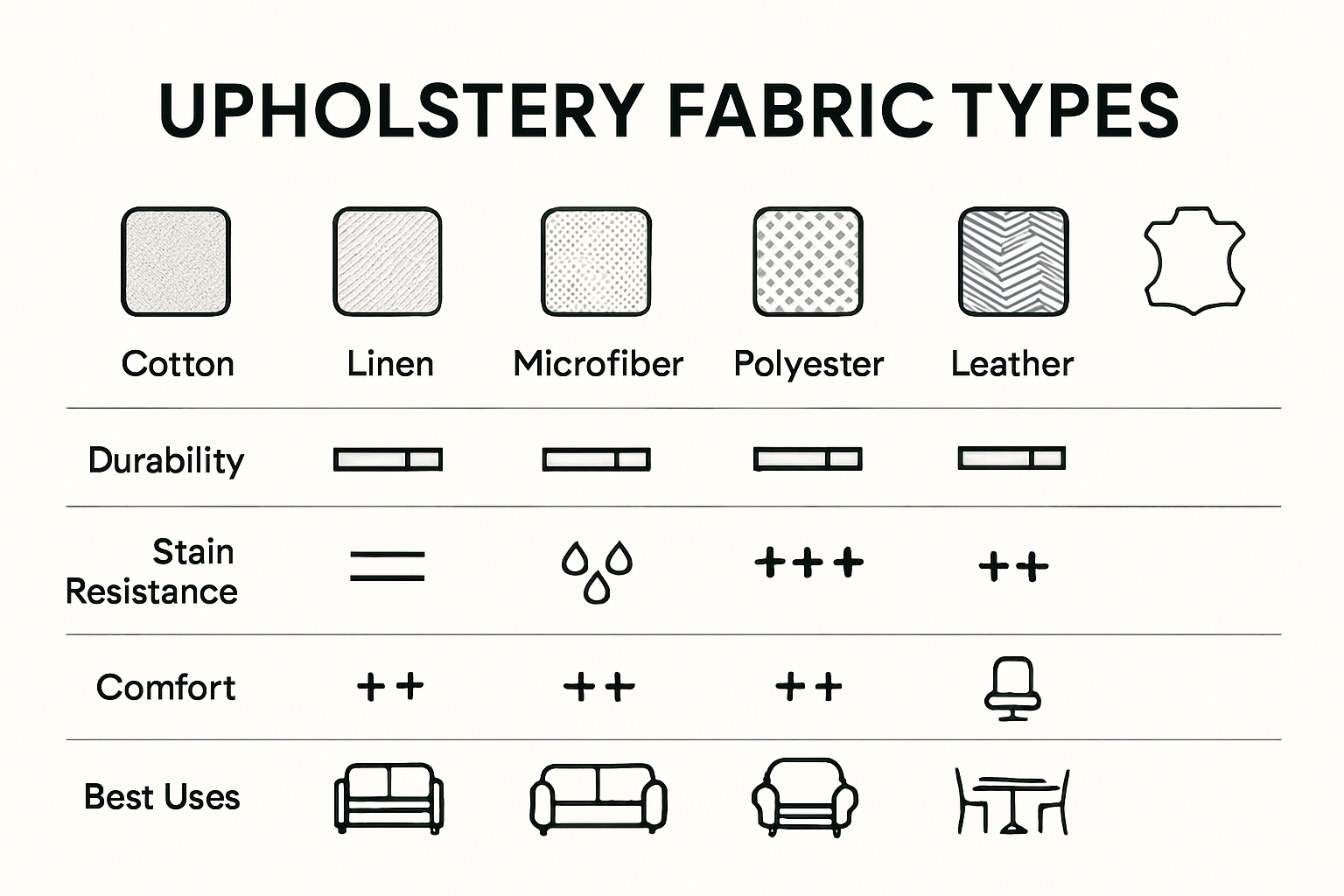 Infographic comparing upholstery fabric types, durability, and uses