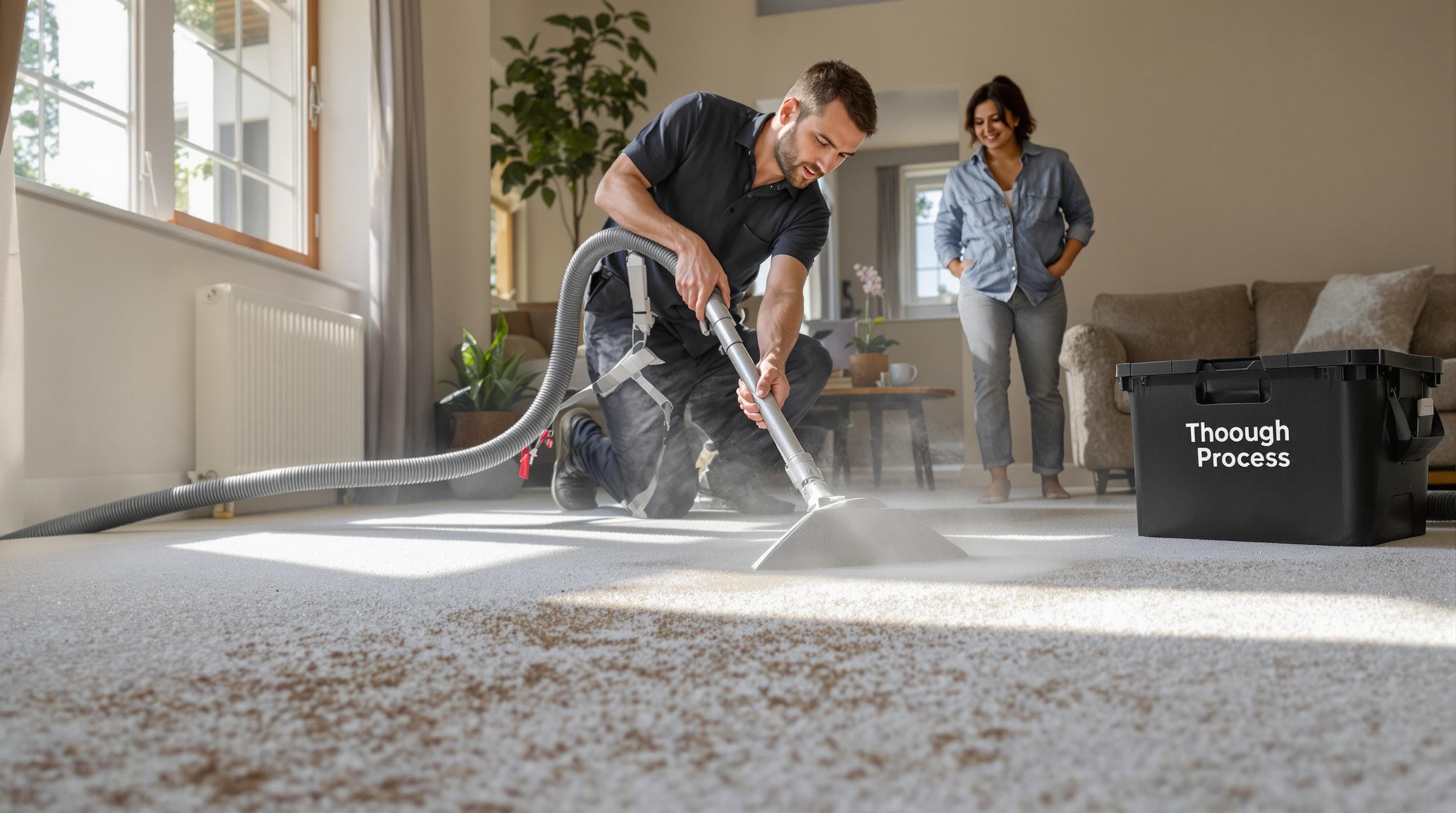 Professional shampooing stained carpet as homeowner observes