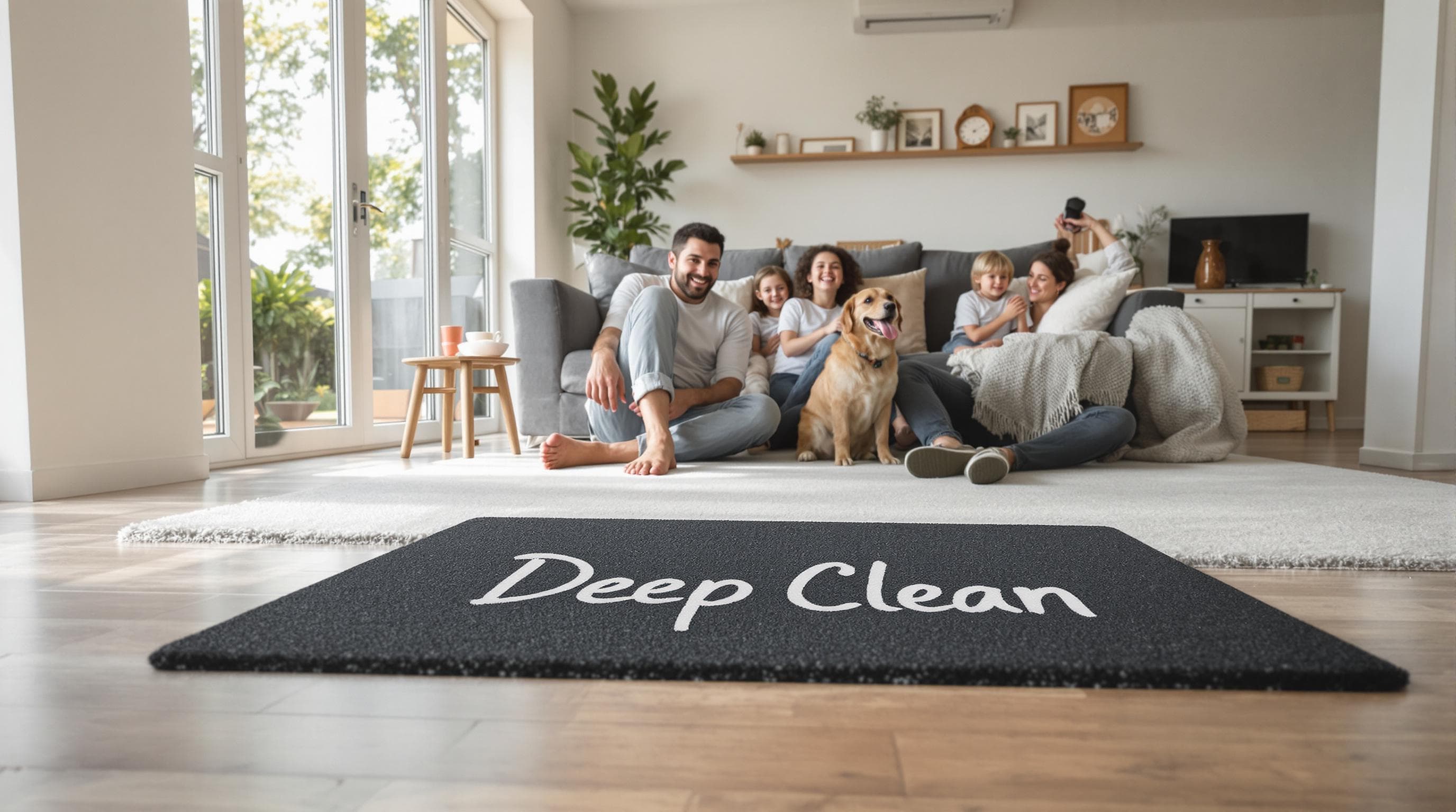 Family enjoying newly shampooed carpet in bright living room