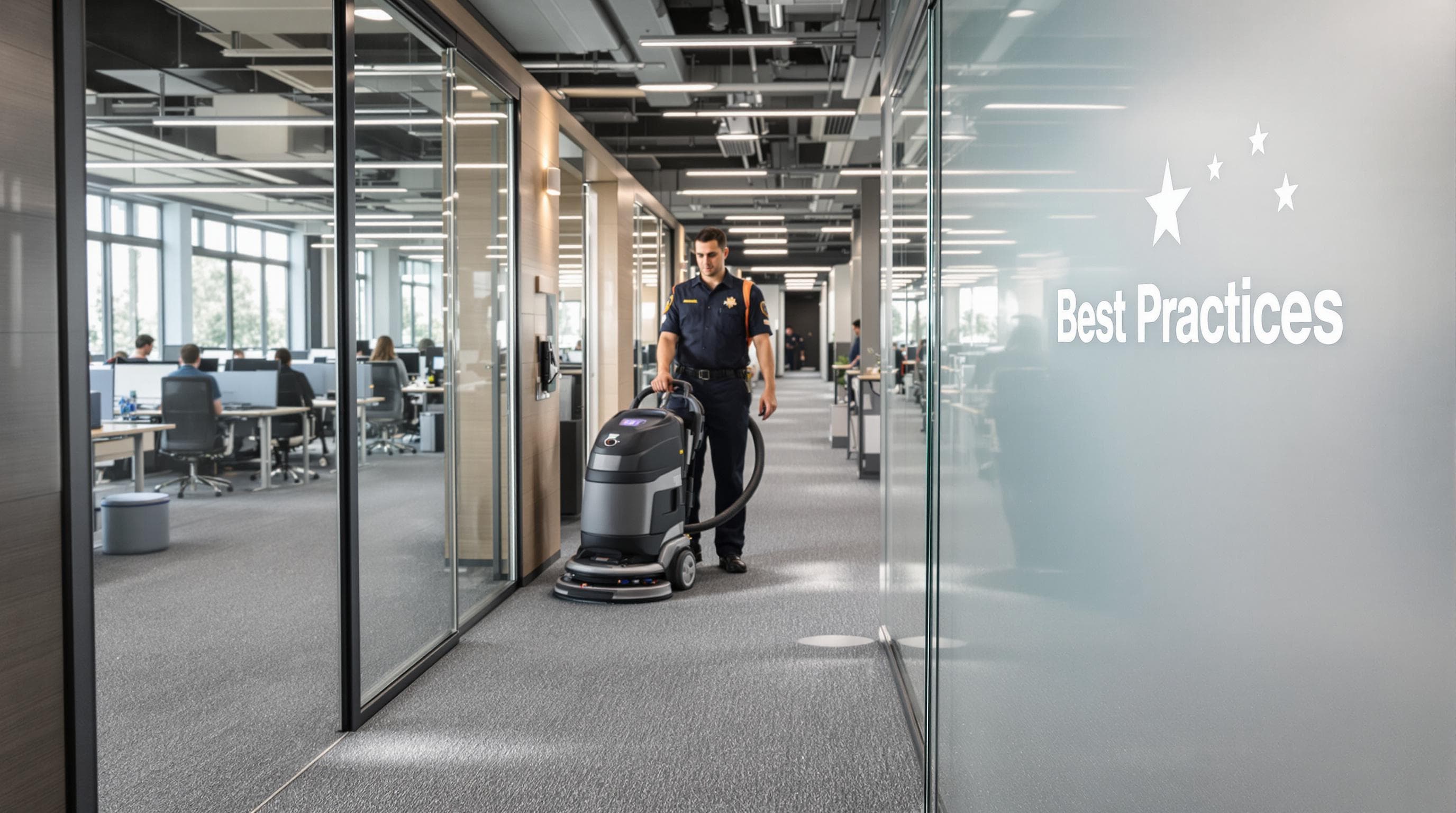 Office workspace with technician cleaning carpet and 'Best Practices' sign