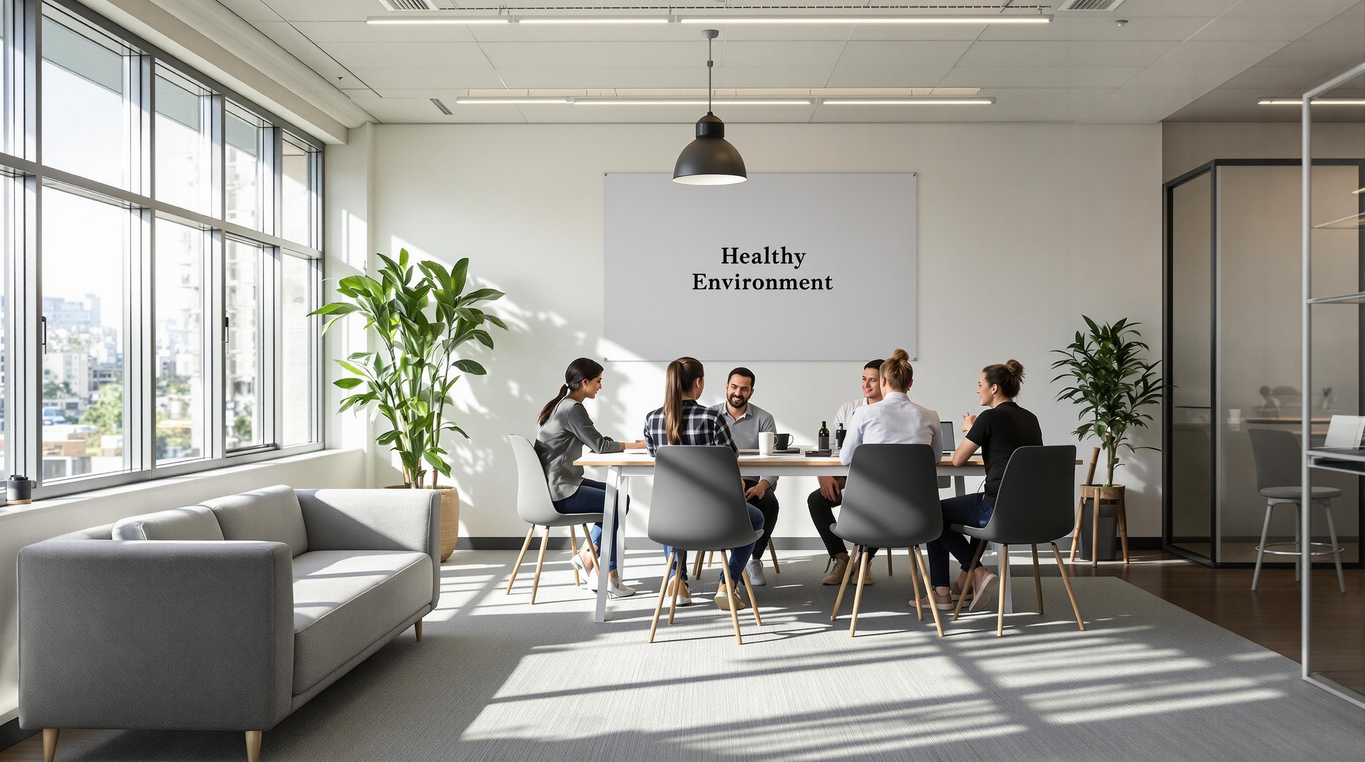 Team meeting on clean office carpet with 'Healthy Environment' poster