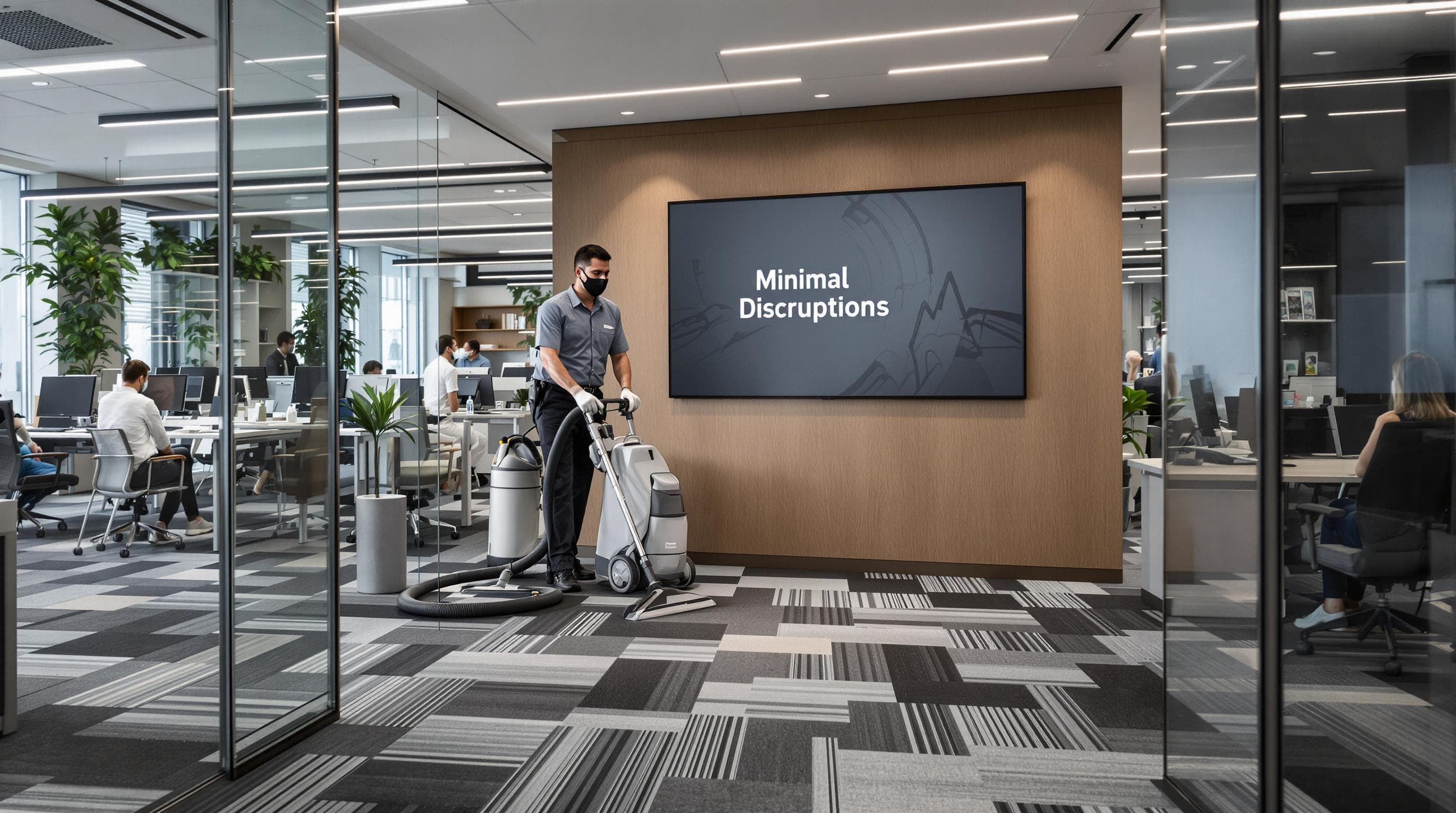 Office carpet cleaning in progress, employees working, 'Minimal Disruption' message on screen