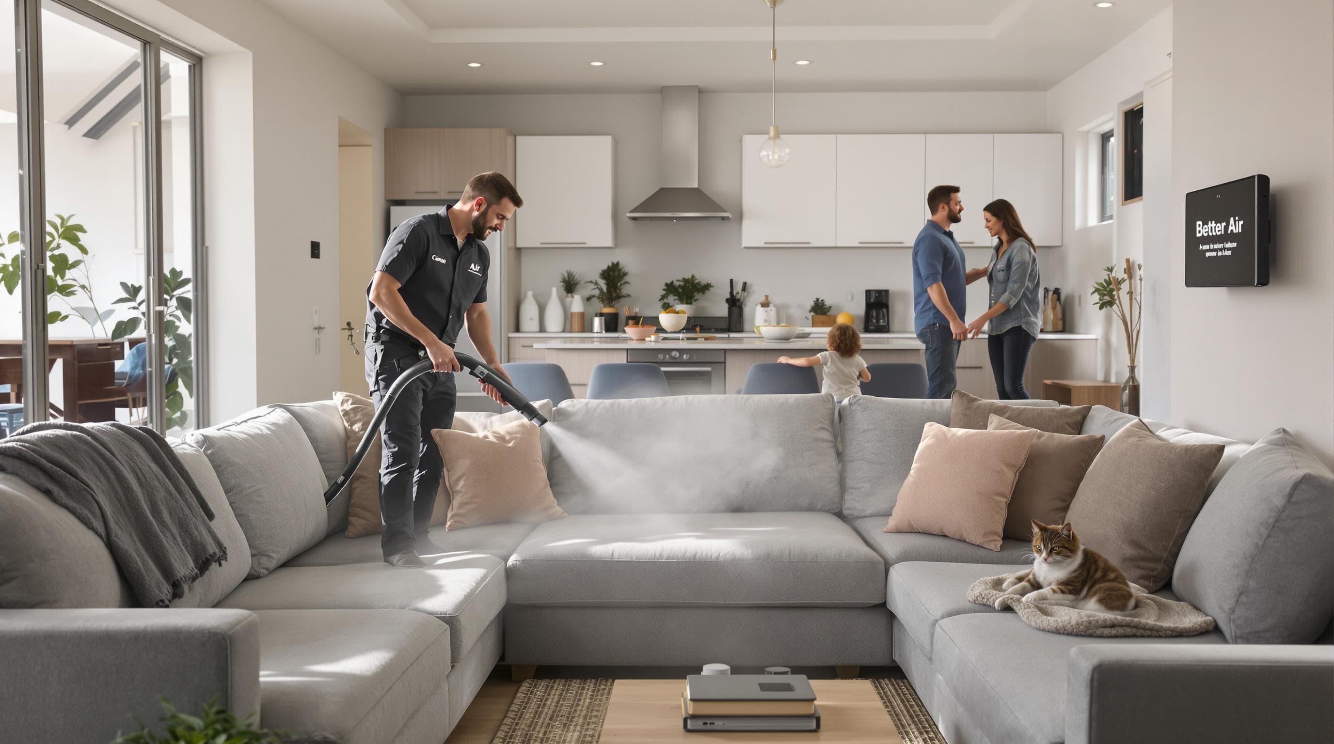 Technician steam cleans sofa for air quality, 'Better Air' on home air monitor.