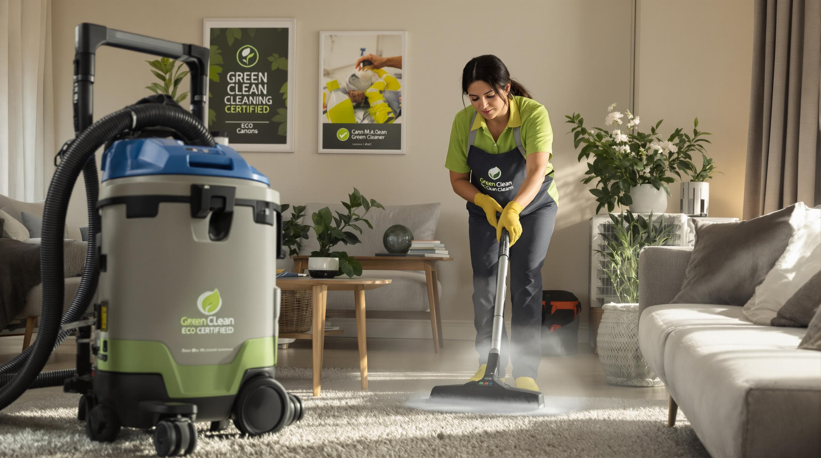 Eco-certified professional steam cleans carpet with modern green equipment