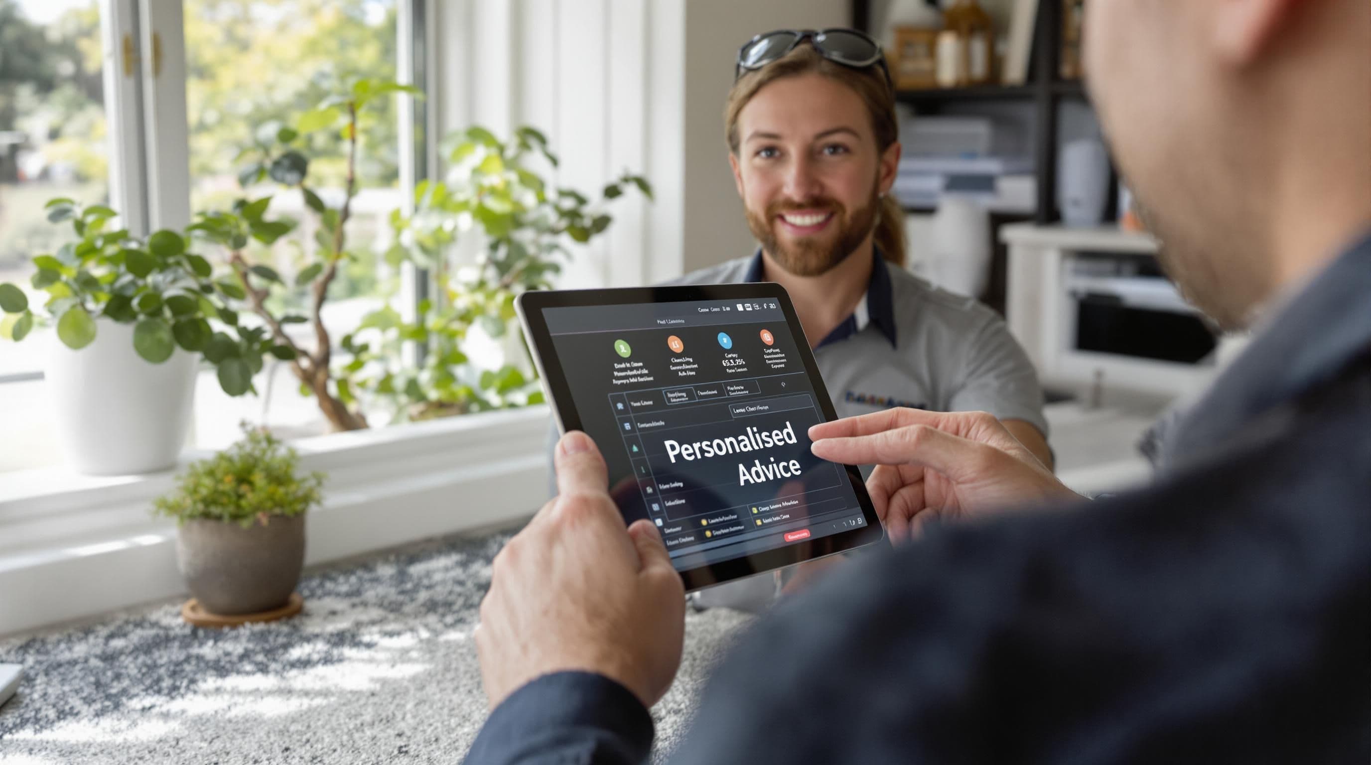 Carpet cleaner giving personalised advice with tablet in tidy home