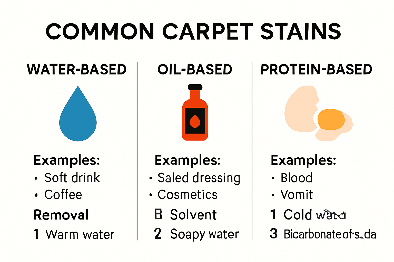 Infographic comparing types of common carpet stains and removal methods