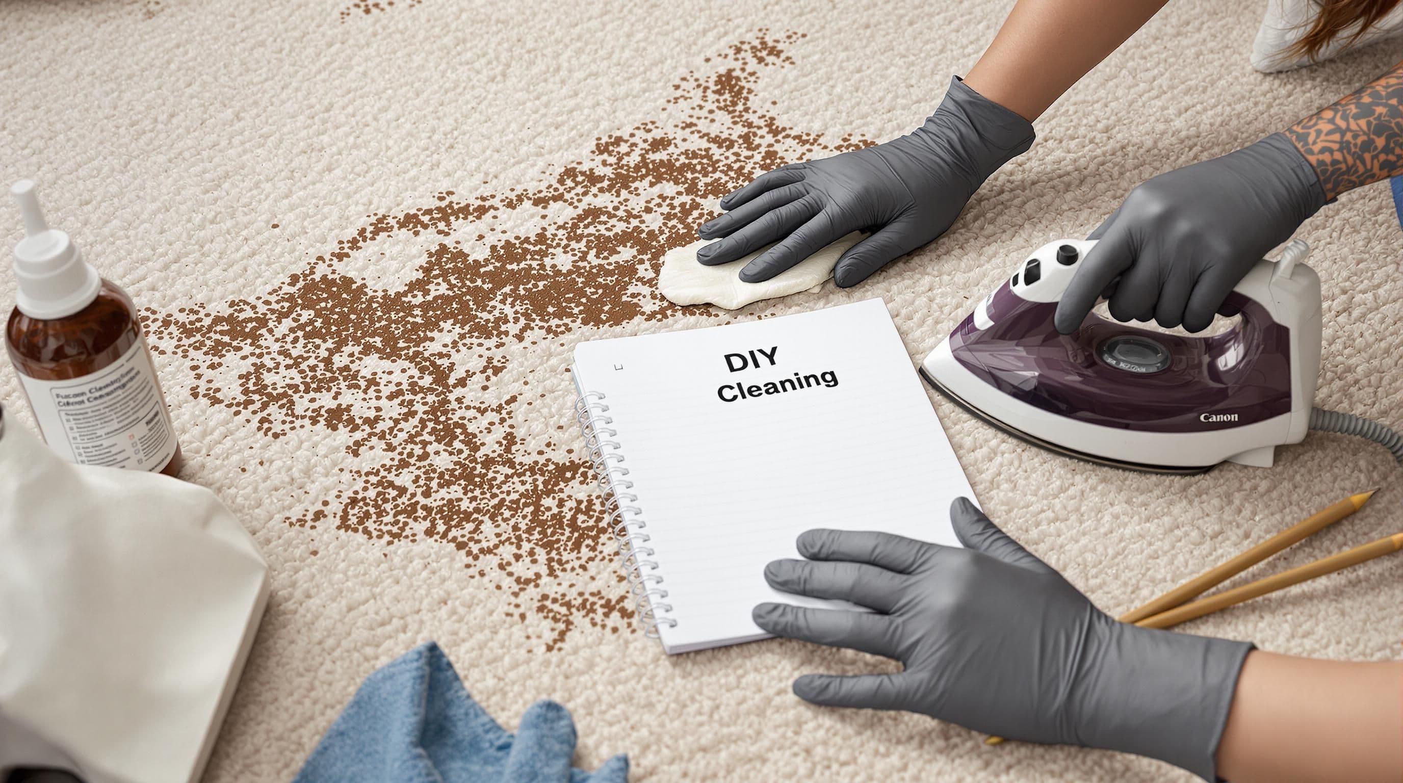 Hands applying homemade solution to remove carpet stain