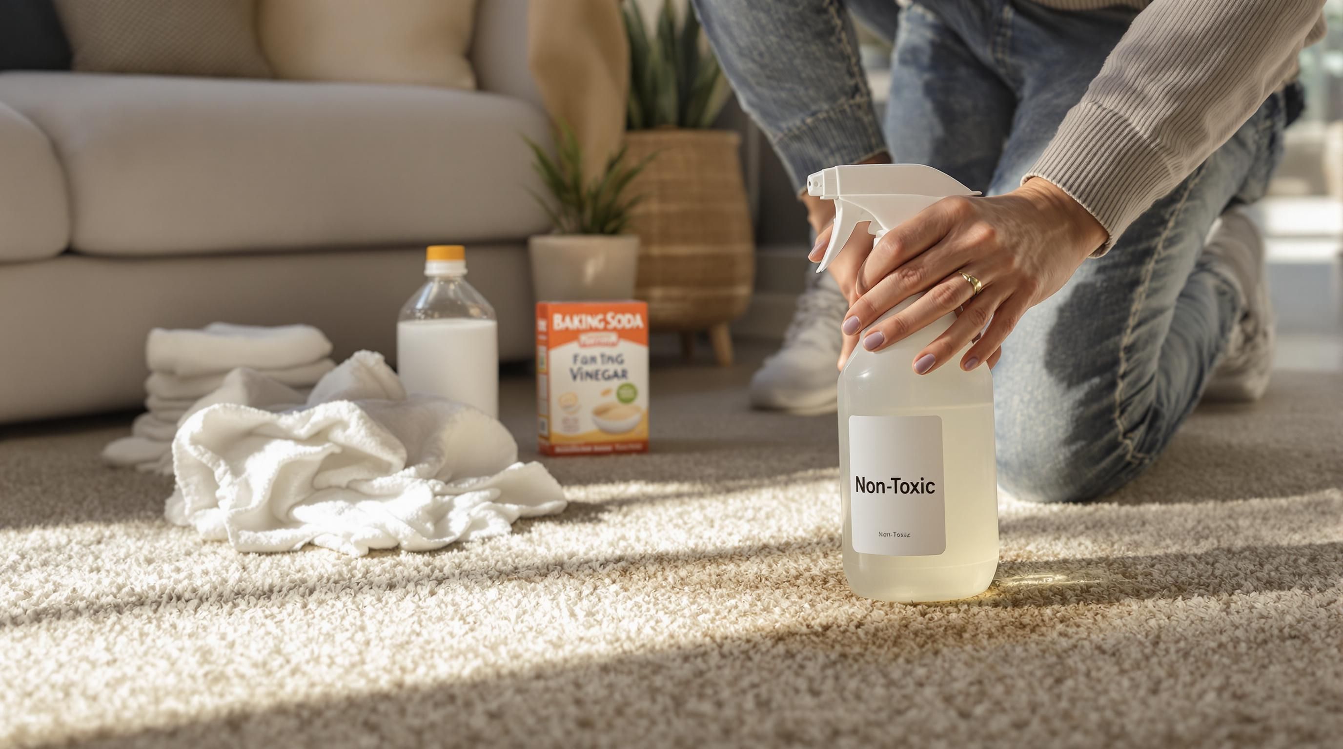 Hands use non-toxic eco cleaner on carpet in family home