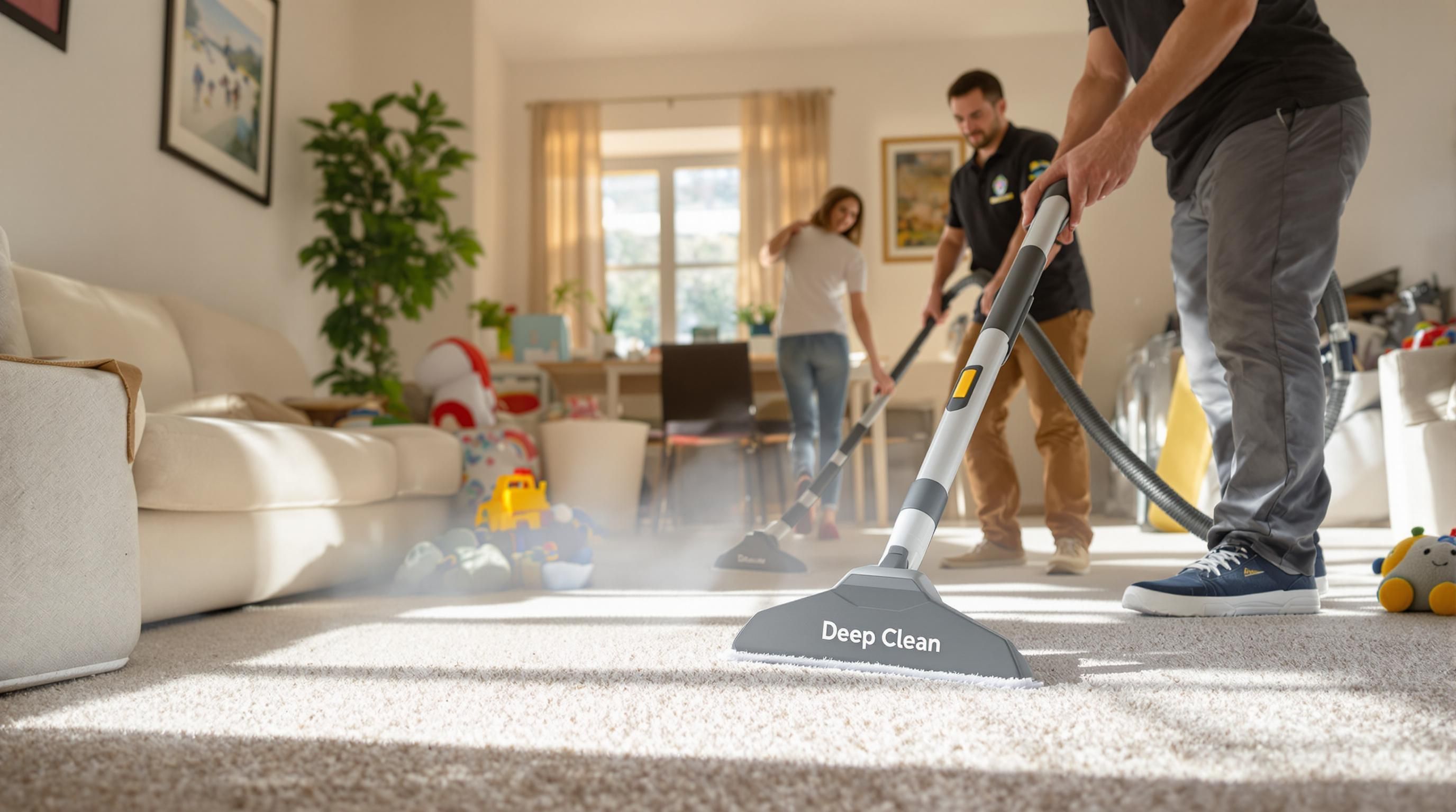 Professional cleaners deep clean family living room carpet with equipment