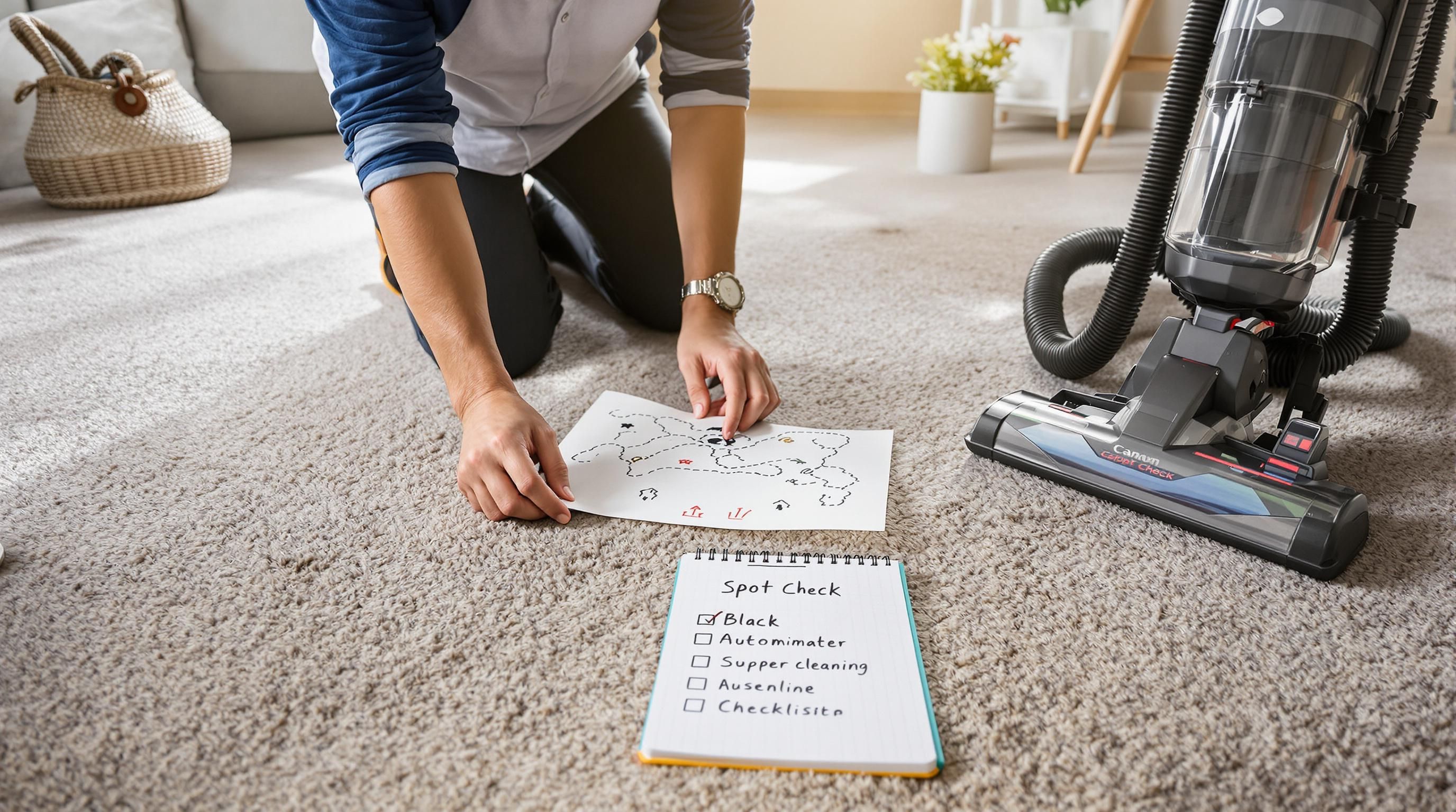 Person mapping stains during carpet cleaning checklist preparation