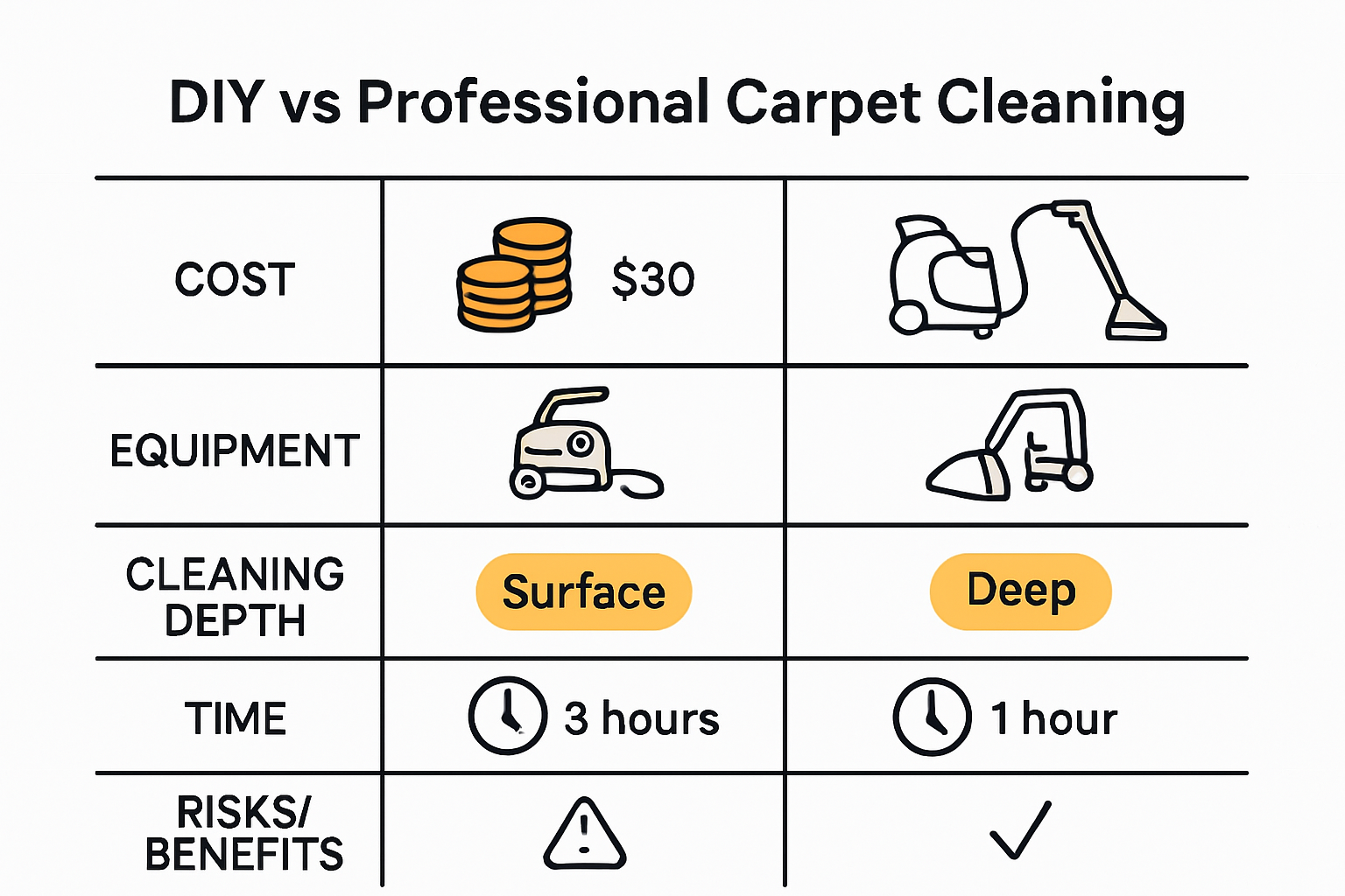 Infographic comparing DIY and professional carpet cleaning steps and outcomes