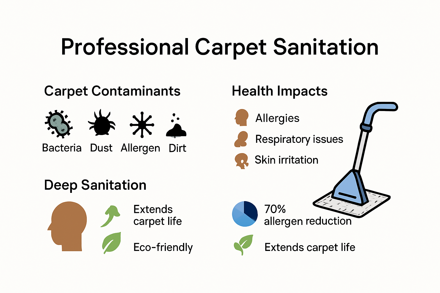 Infographic showing health, economic, and environmental benefits of deep carpet sanitation