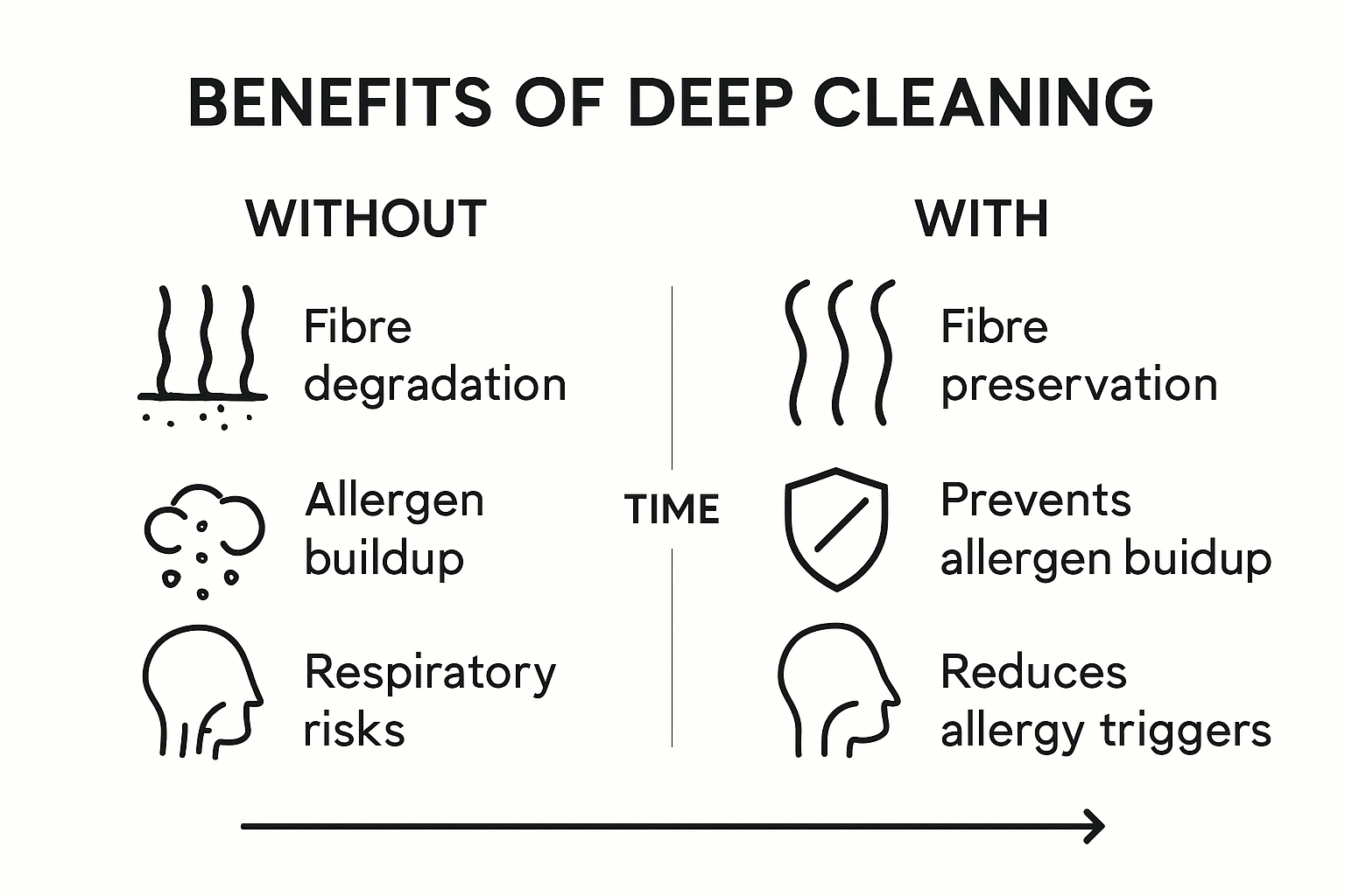 Infographic comparing carpet fibre wear and health risks with and without deep cleaning