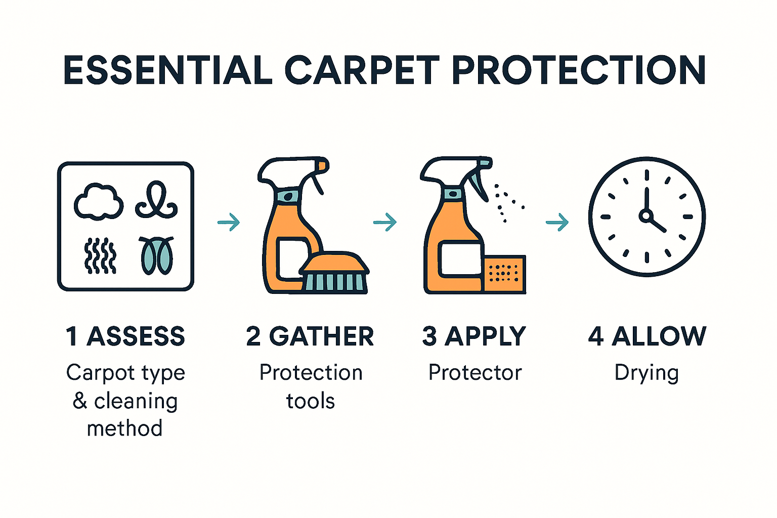 Sequential infographic showing five steps for carpet protection after cleaning.