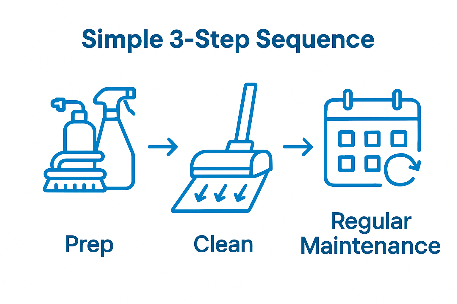 Three-step carpet cleaning visual: prep tools, vacuum, maintain