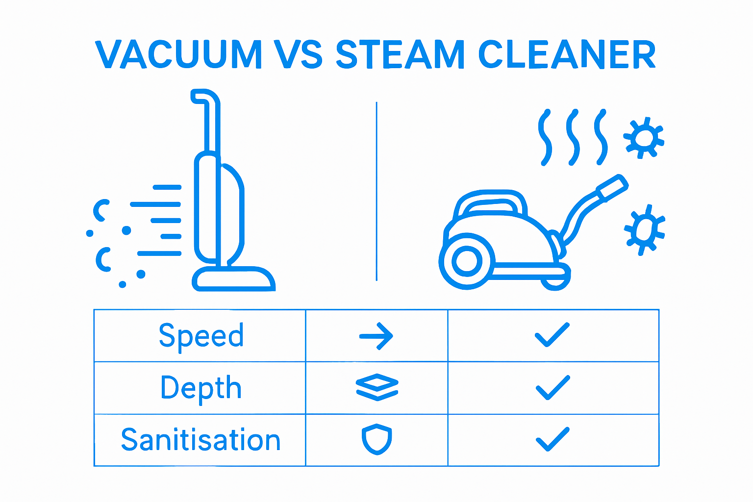 Infographic showing vacuuming and steam cleaning comparison of cleaning depth, speed, sanitisation