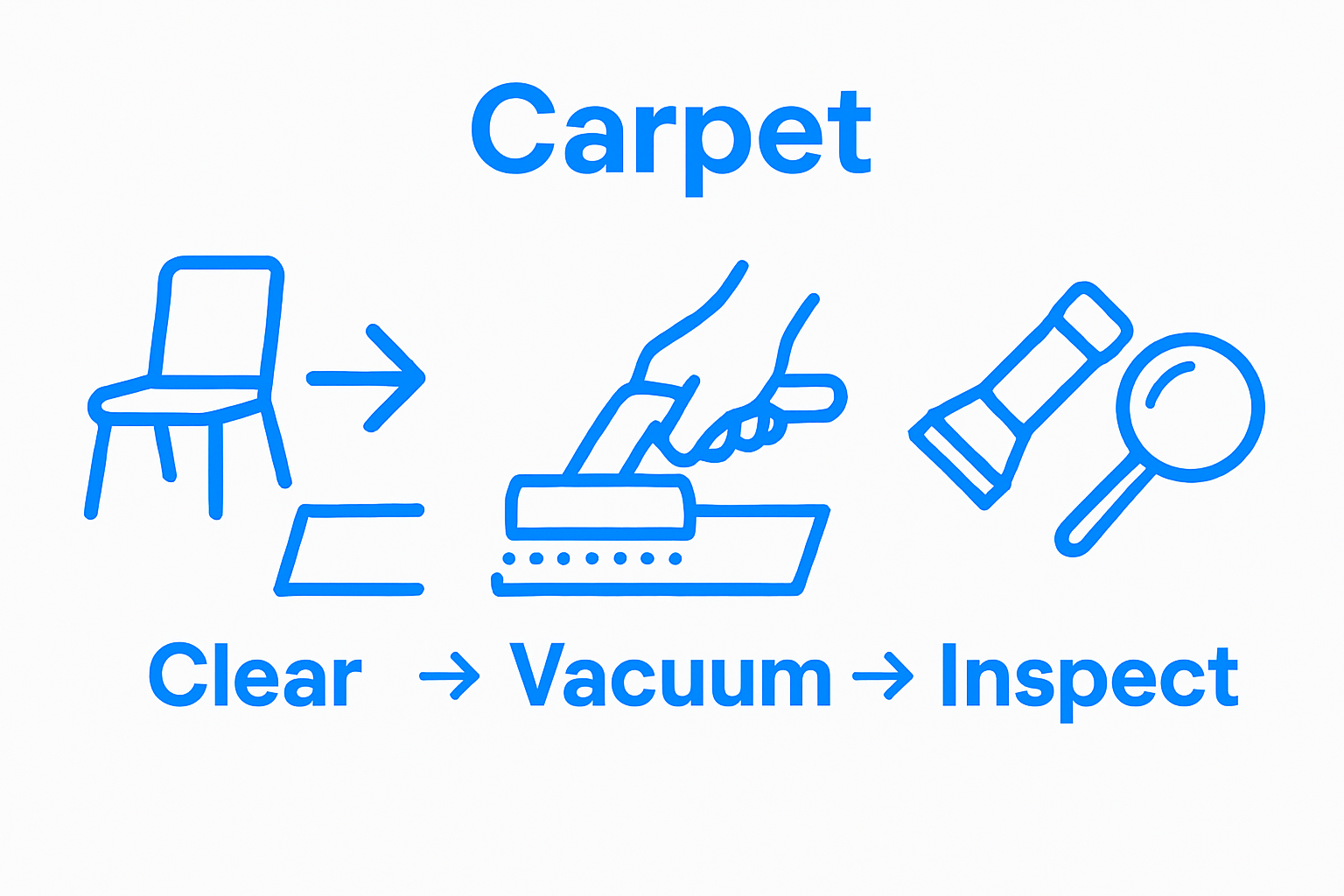 Three-step diagram showing space clearing, vacuuming, and tool readiness for carpet inspection.