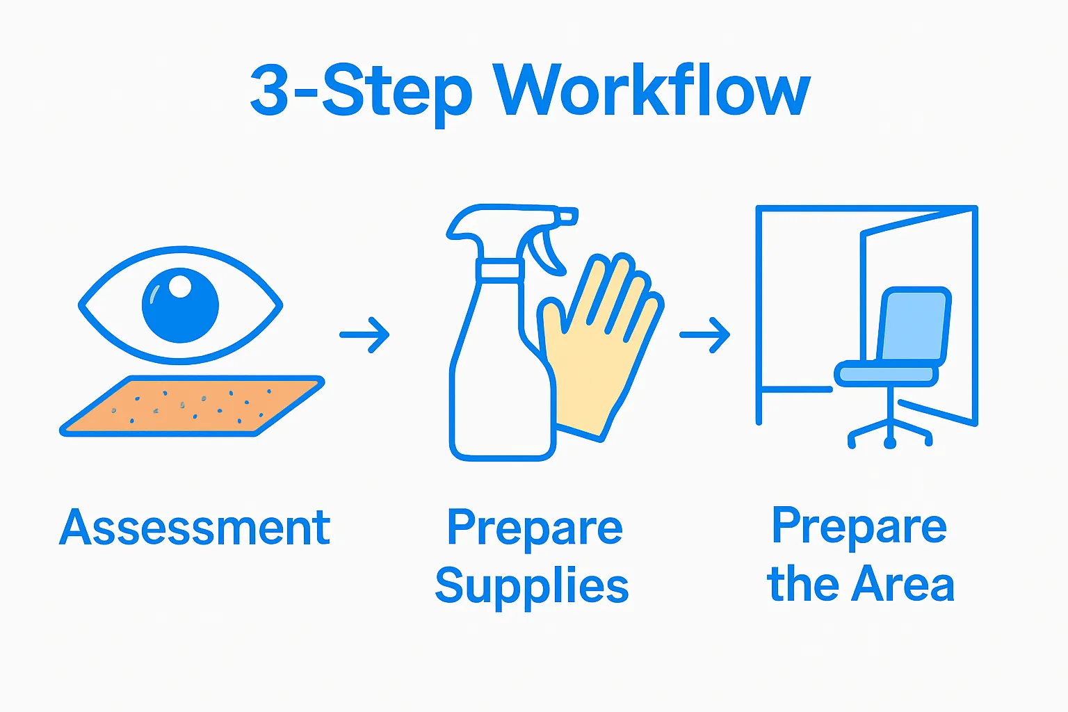 Three icons illustrating carpet assessment, gathering supplies, and area preparation steps