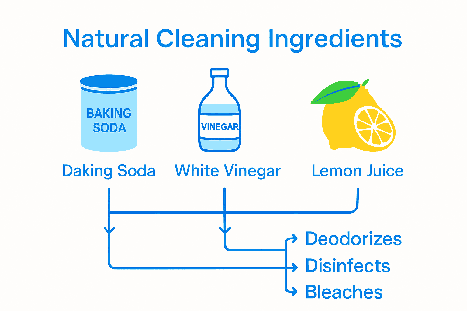 Infographic comparing baking soda, vinegar, and lemon juice uses