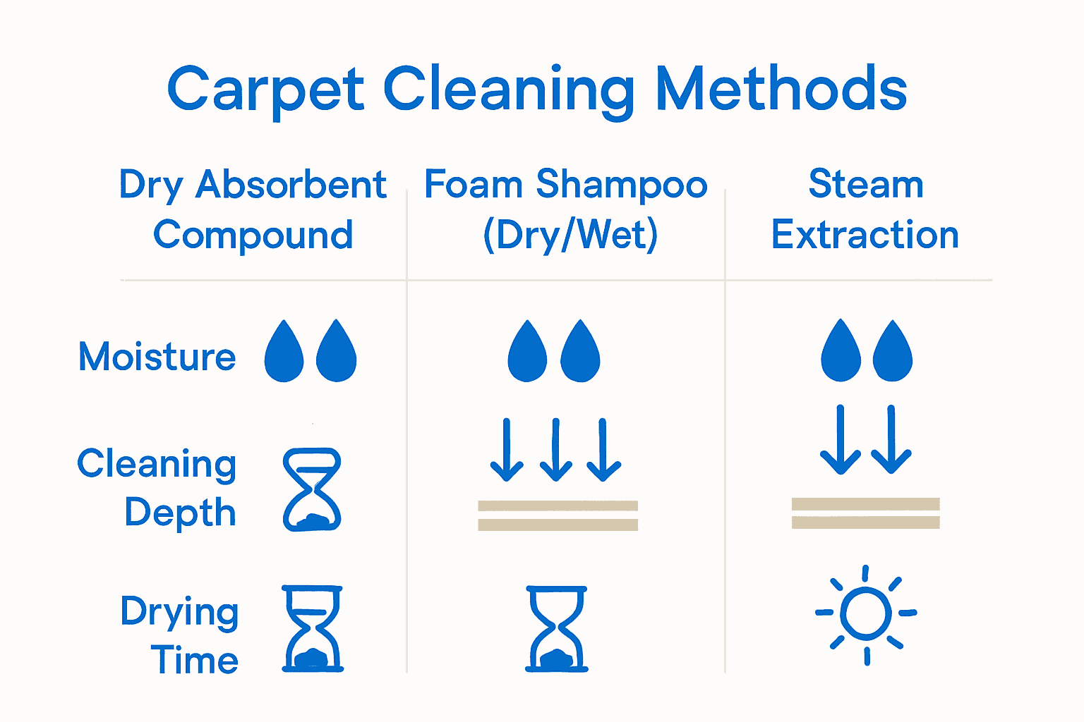 Infographic comparing dry, foam, and steam carpet cleaning methods by moisture, depth, and drying time.