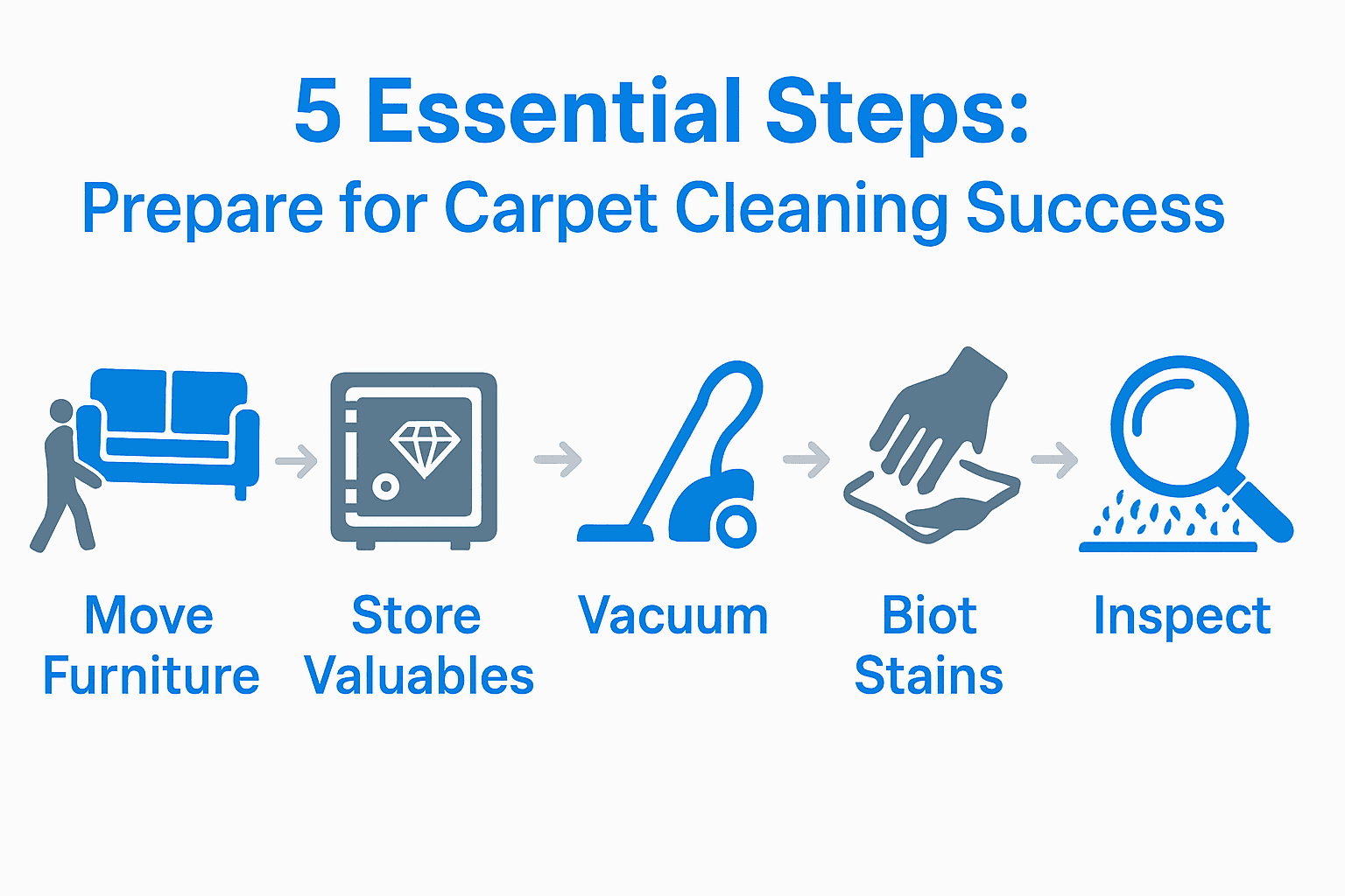 Infographic illustrating five key steps for carpet cleaning preparation using icons.