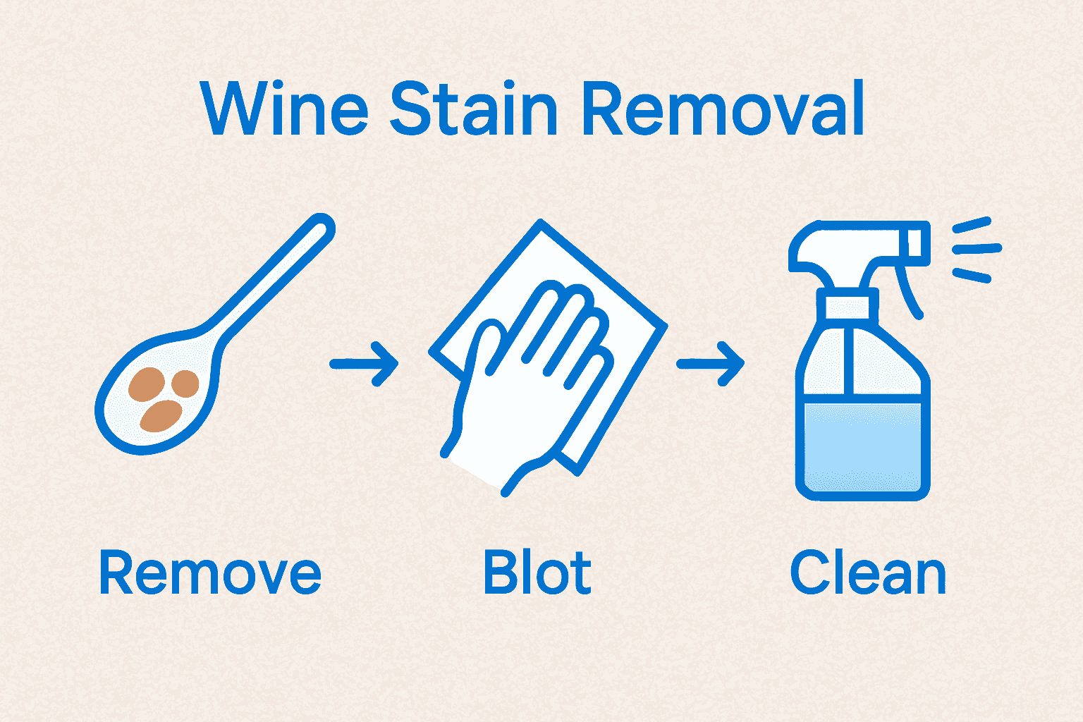 Infographic showing spoon, hand blotting, and spray bottle for wine stain removal.