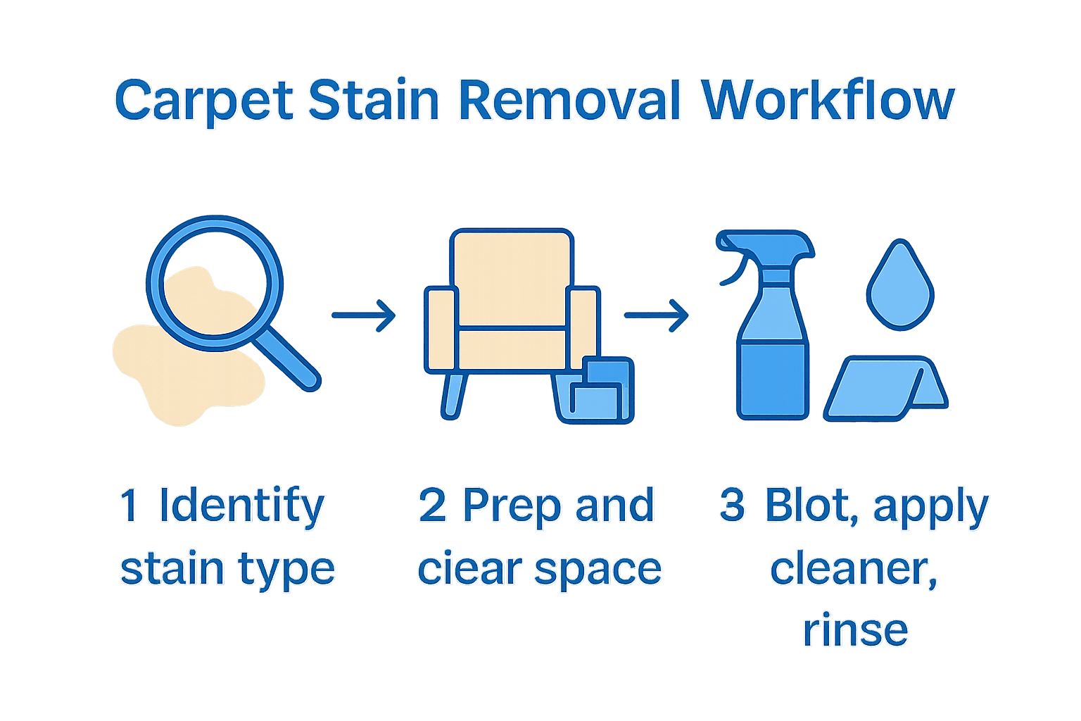 Infographic showing carpet stain removal process with icons for identification, preparation, and cleaning.