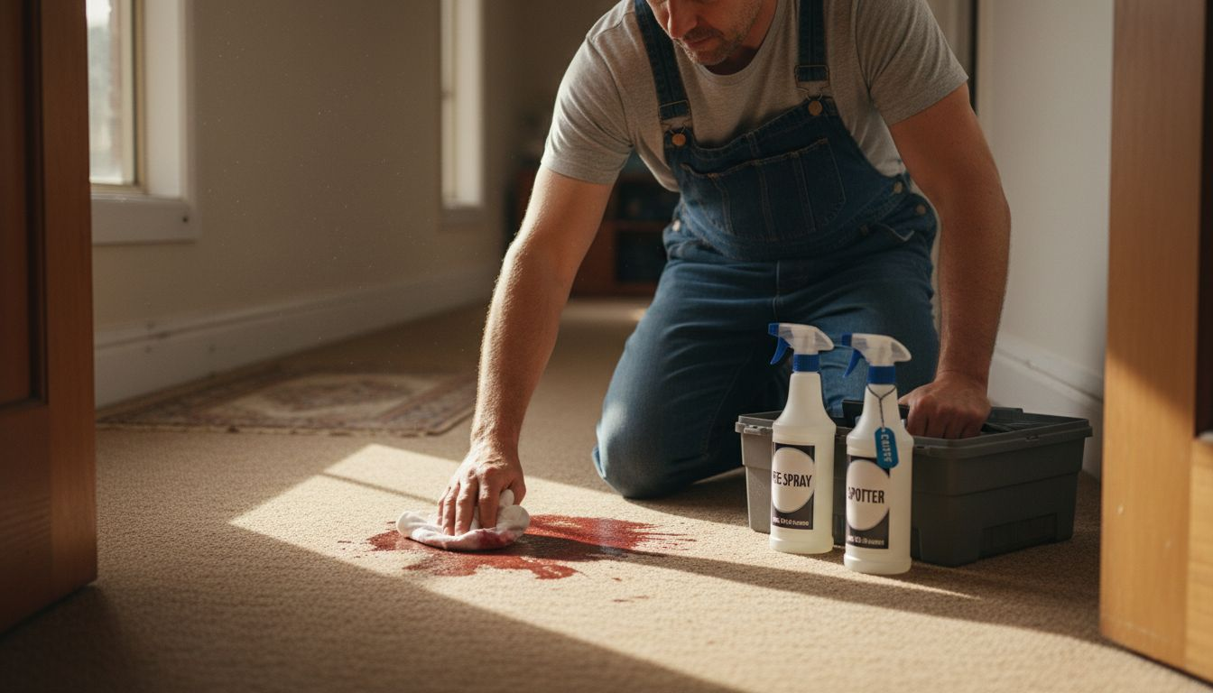 Cleaner treating carpet stain with toolkit