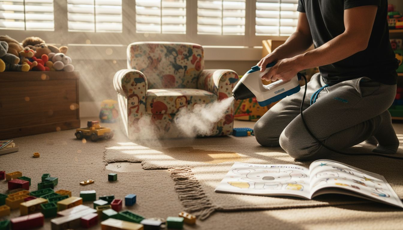 Parent using handheld steam cleaner on carpet