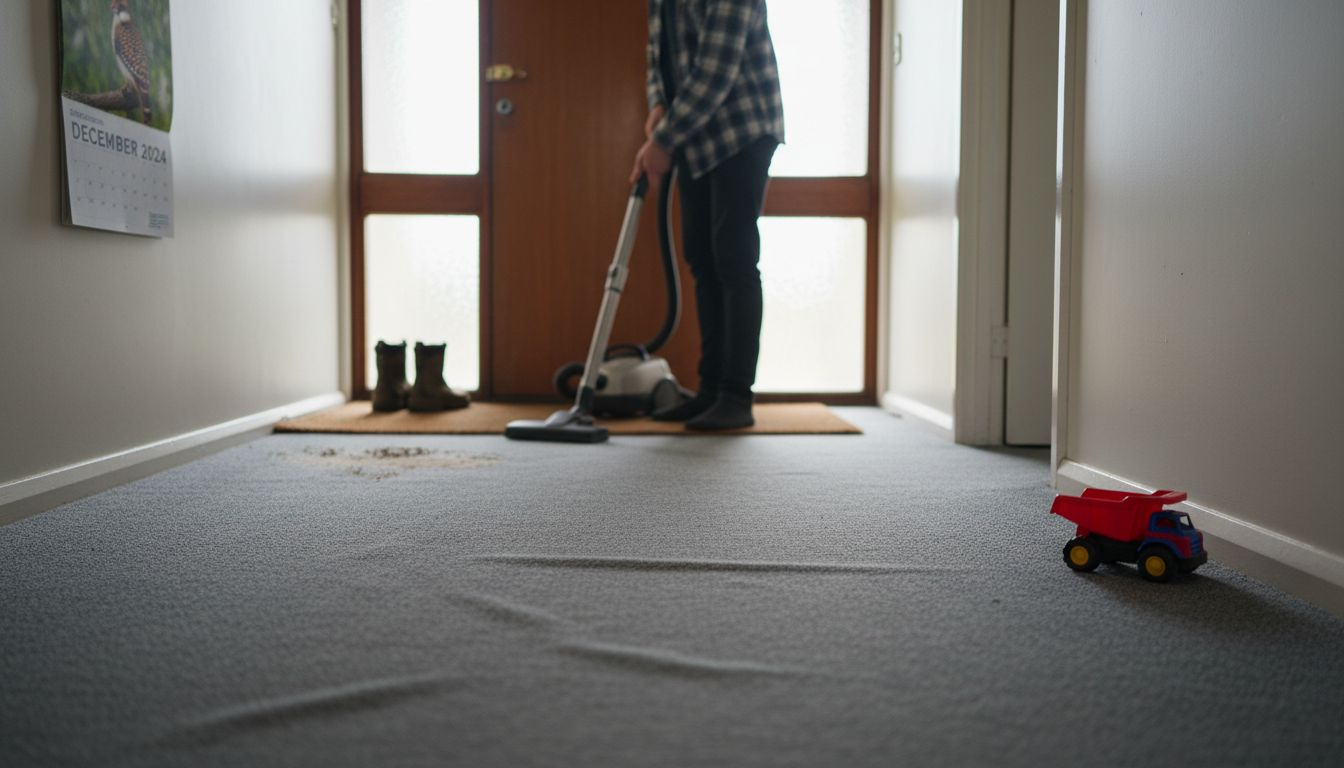 Vacuuming synthetic carpet in hallway