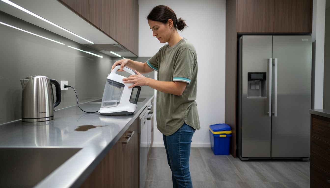 Homeowner inspecting eco steam cleaning machine