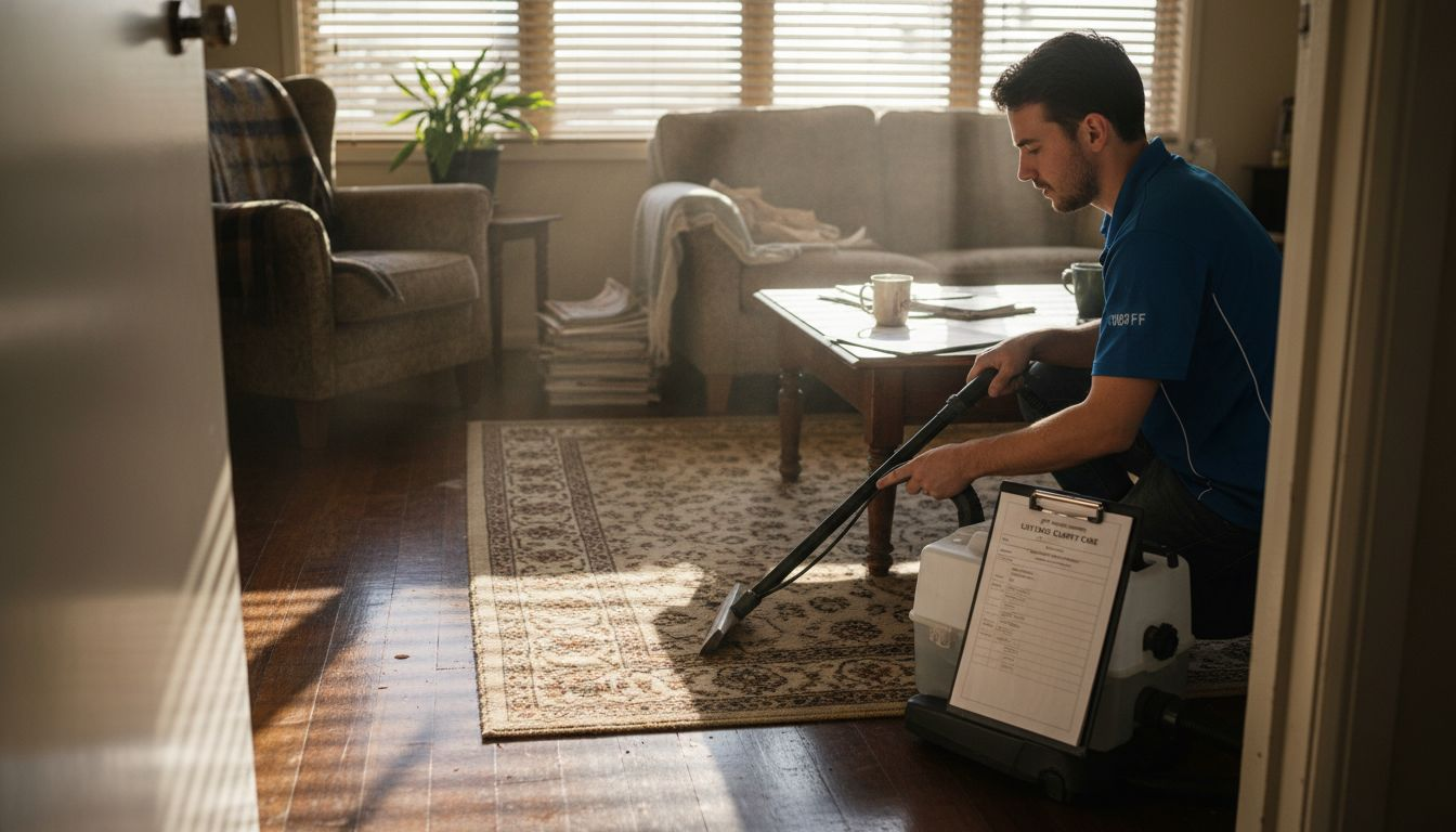 Worker demonstrating steam carpet cleaning method
