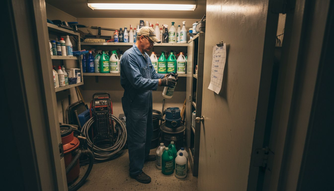 Janitor sorting carpet cleaning equipment in closet