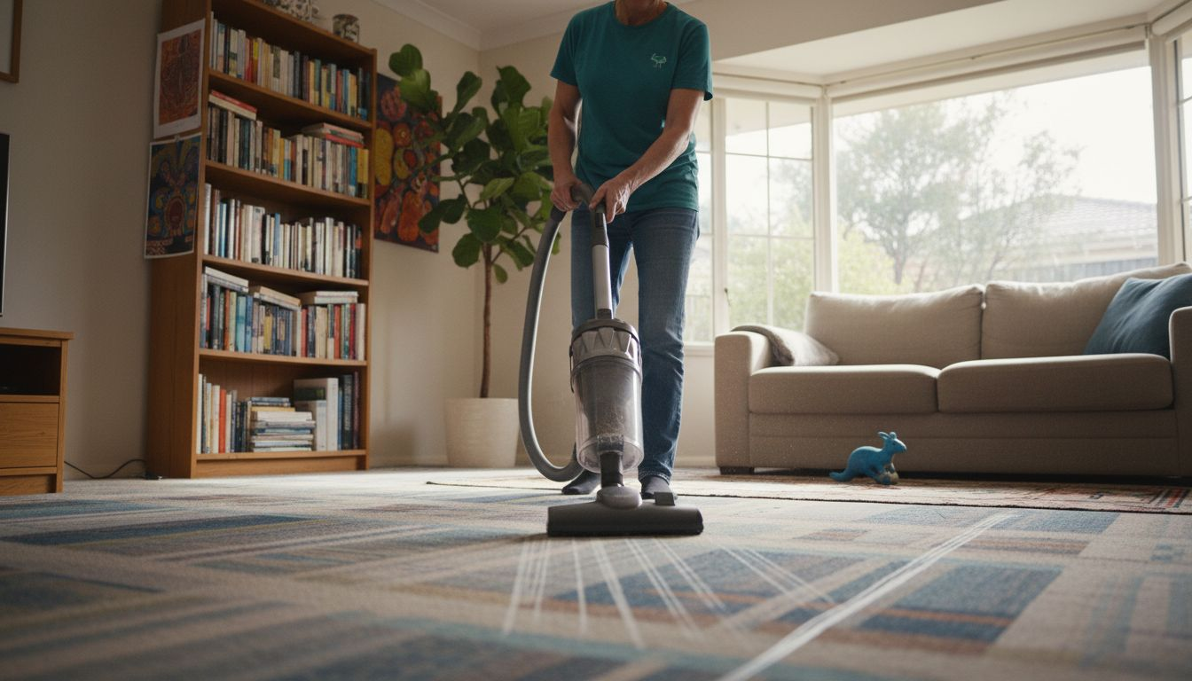 Person vacuuming carpet in bright home