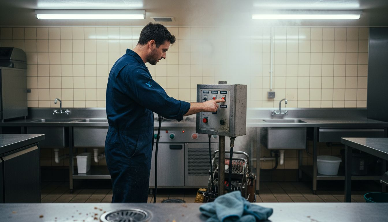 Technician operating steam cleaner in kitchen