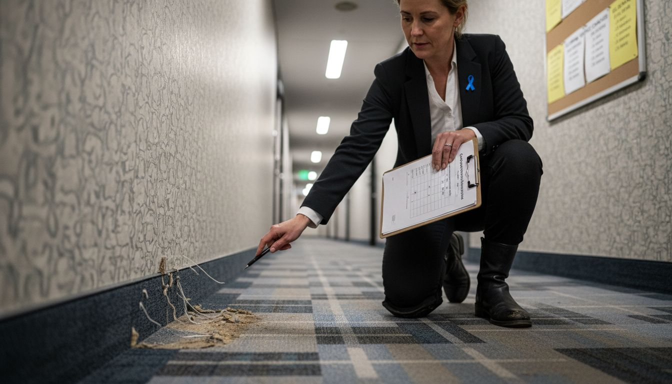 Inspector reviews carpet fiber and traffic stains