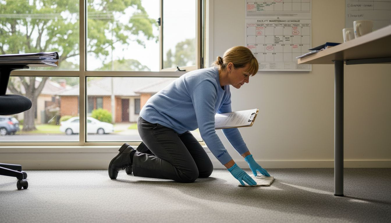 Manager inspecting clean office carpet