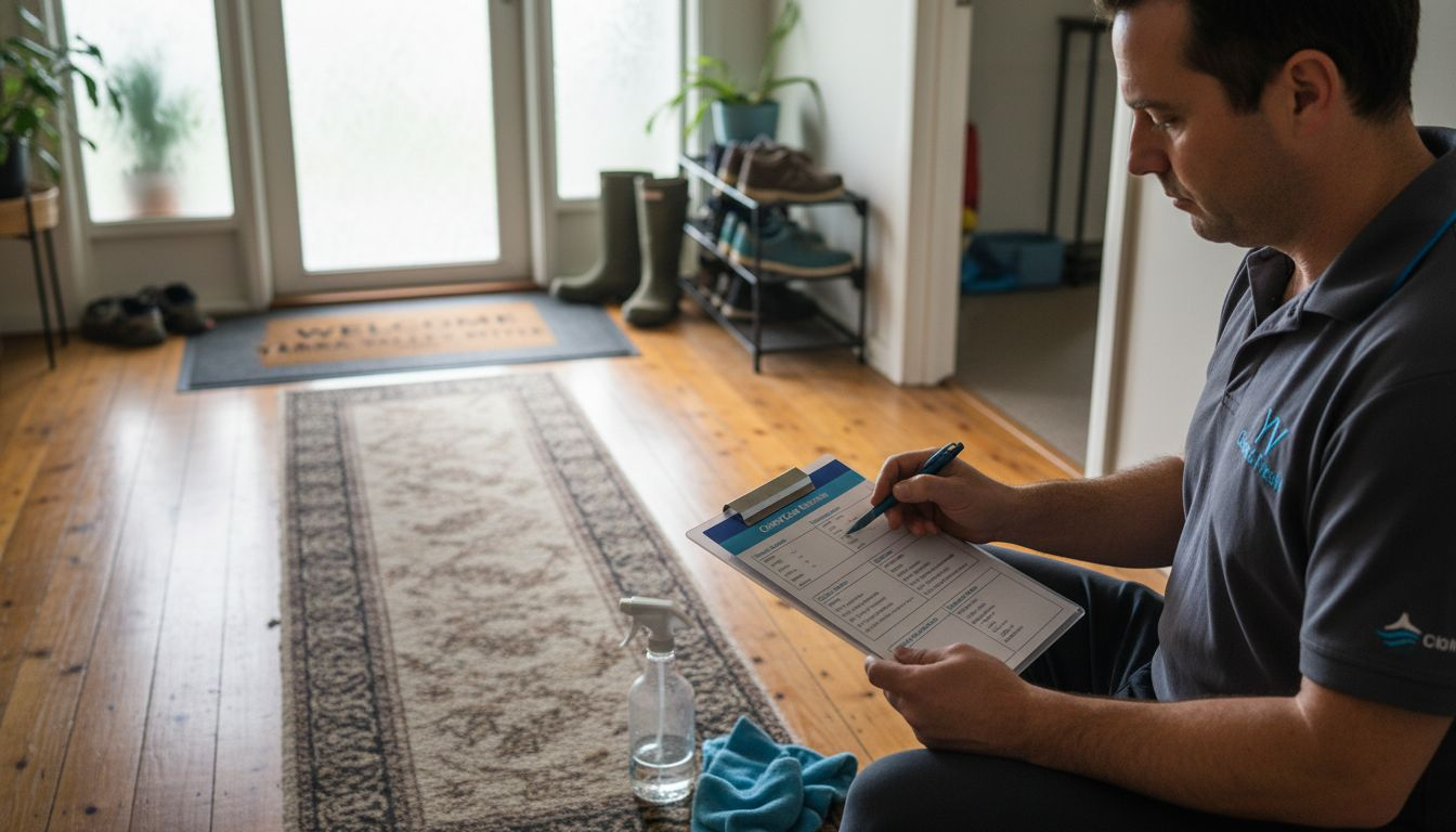 Technician checks carpet cleaning list in hallway
