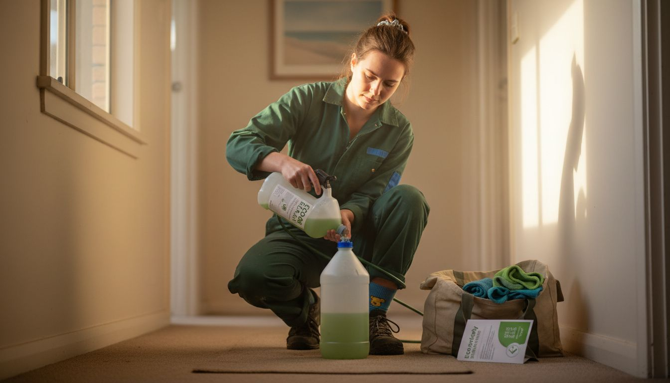 Eco carpet cleaning with supplies in hallway