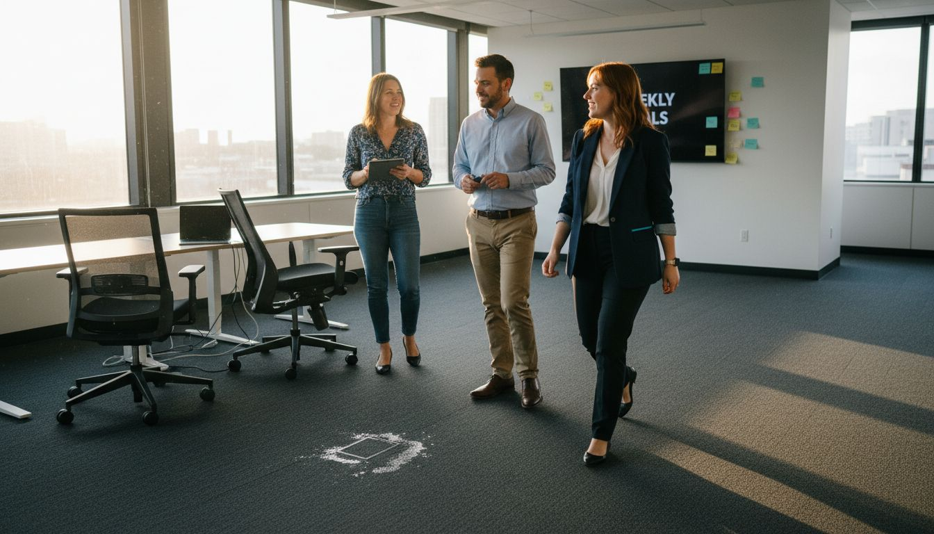 Office workers crossing clean carpet workspace