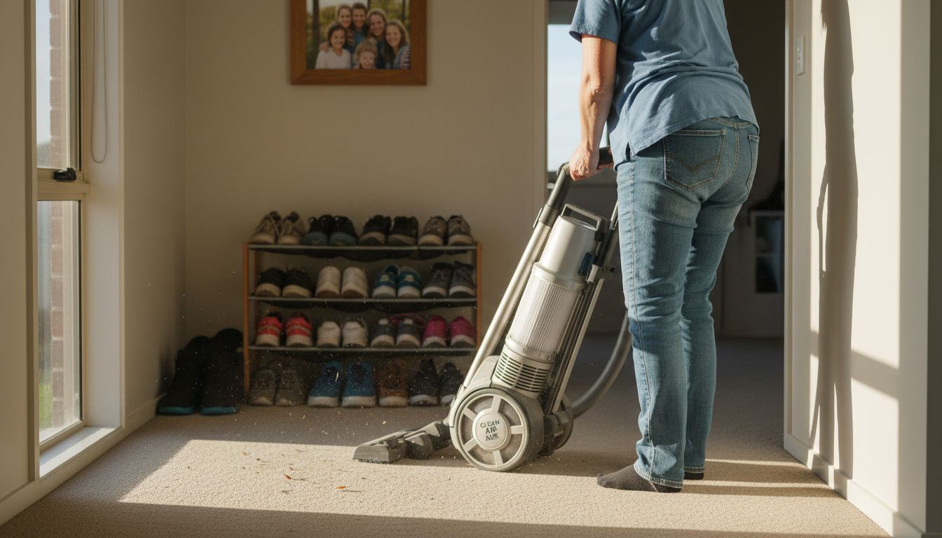 Woman vacuuming hallway carpet in lived-in home