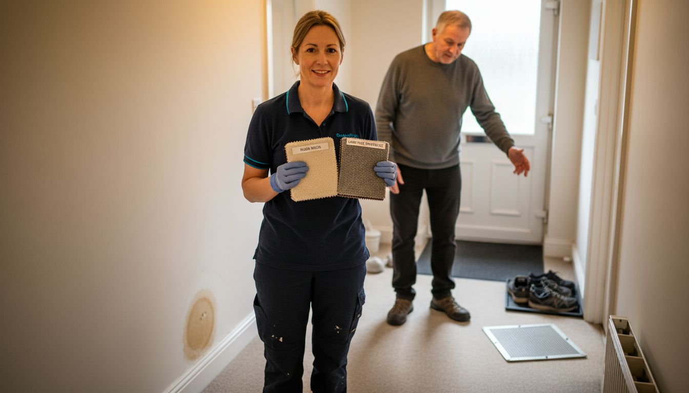 Specialist explaining cleaning for carpet types