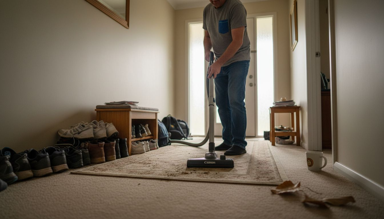 Man vacuuming carpet in hallway